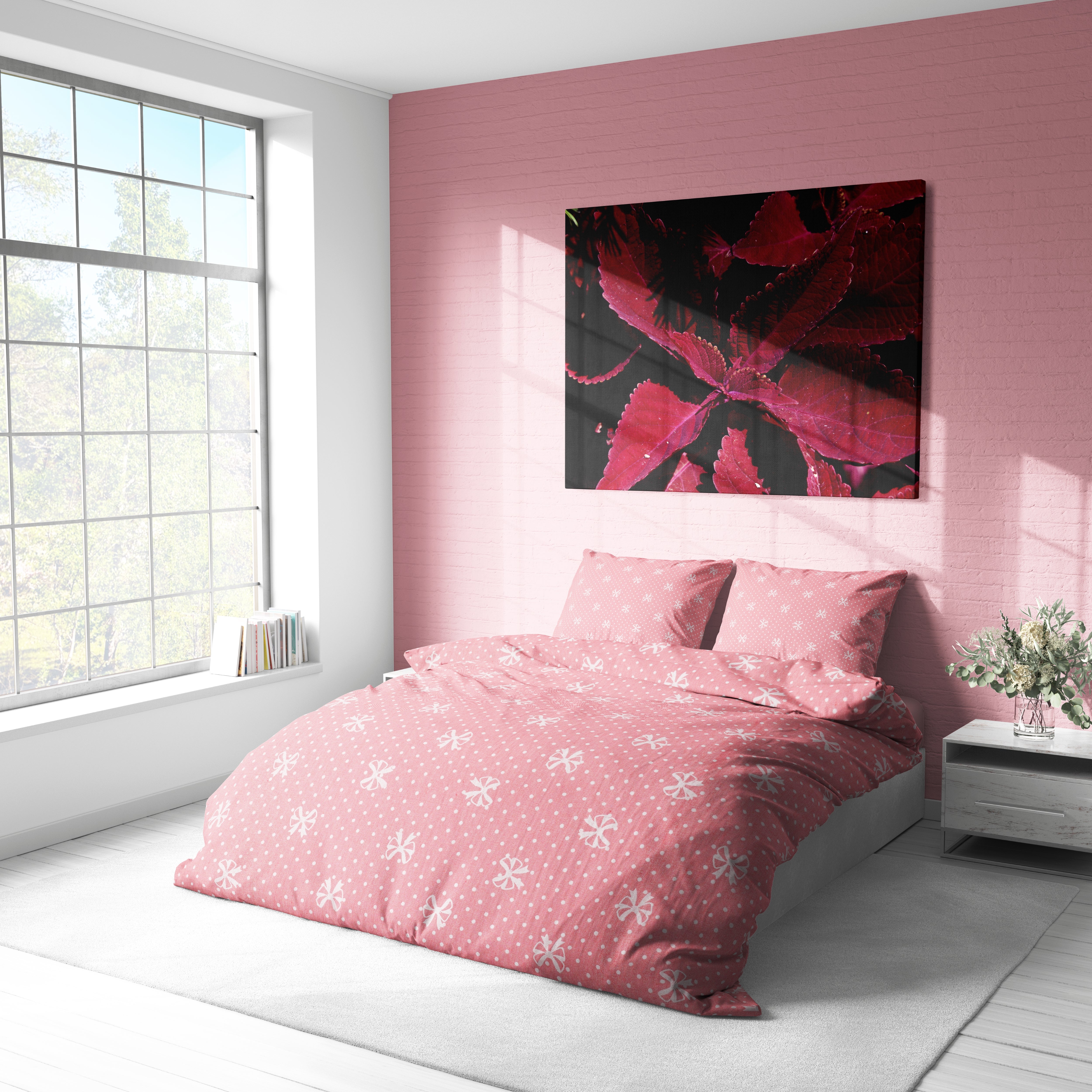 Pudra Pembe Fiyonk Desenli Pamuklu Nevresim Takımı | Lastikli Çarşaflı