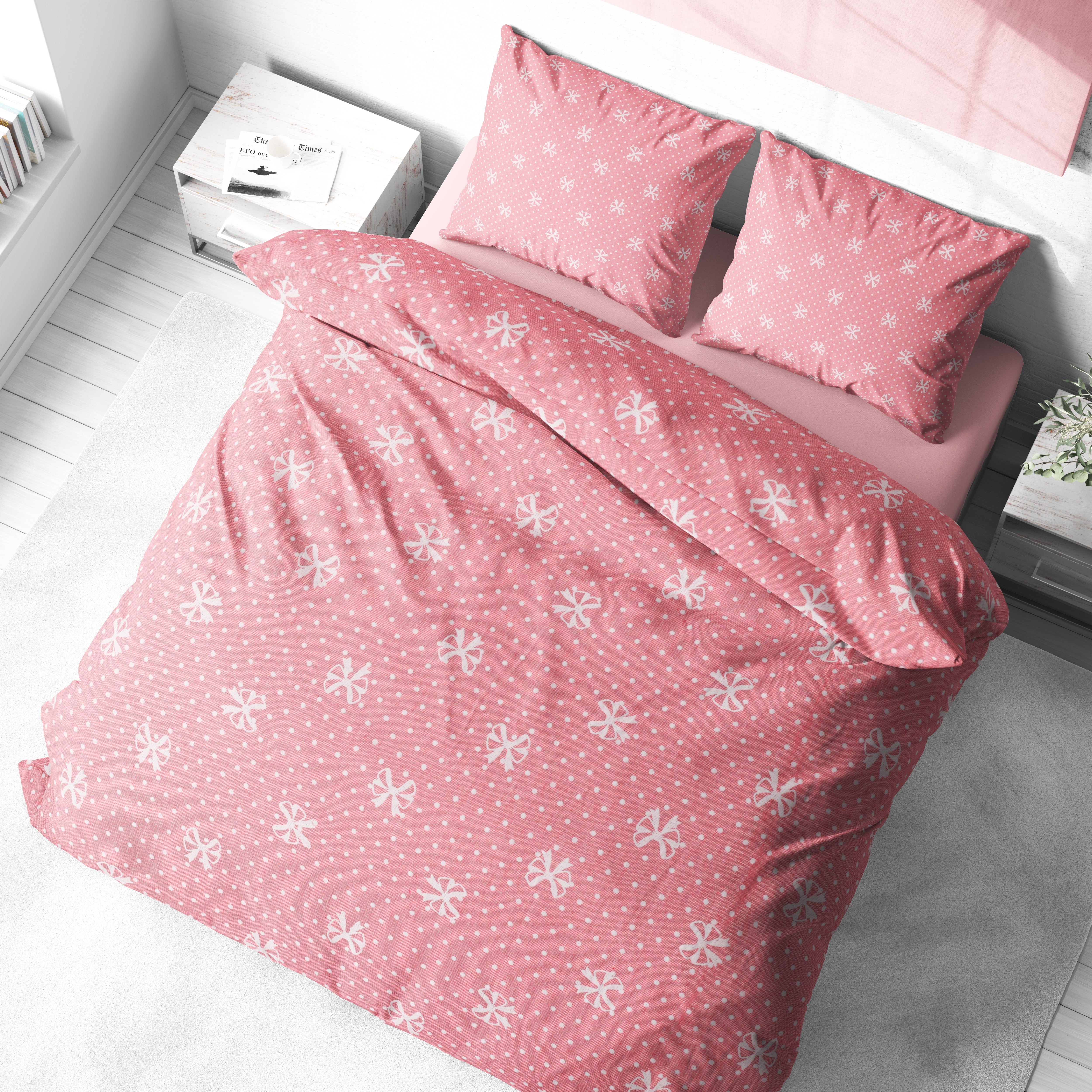 Pudra Pembe Fiyonk Desenli Pamuklu Nevresim Takımı | Lastikli Çarşaflı