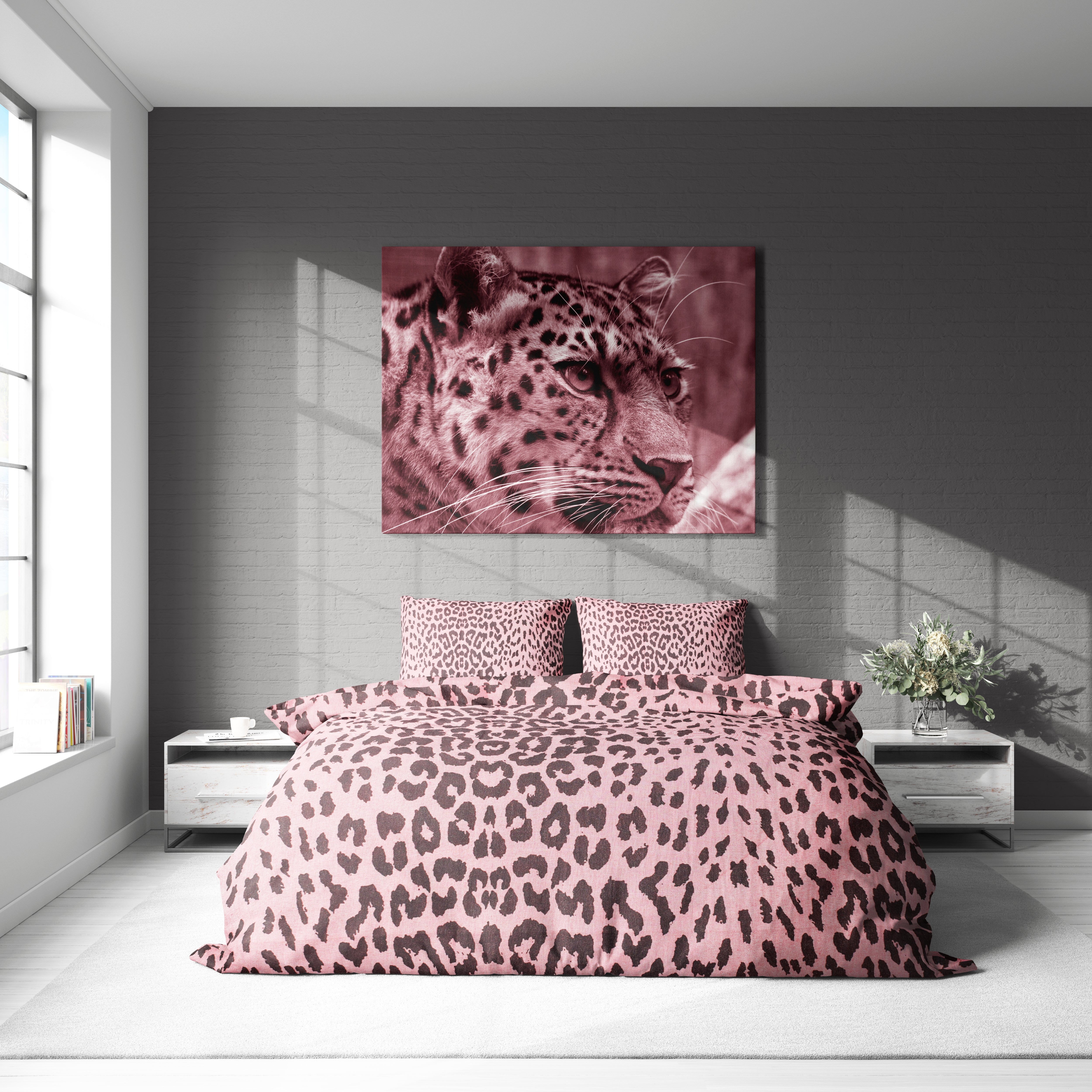 Pembe Leopar Desenli Pamuklu Nevresim Takımı | Lastikli Çarşaflı