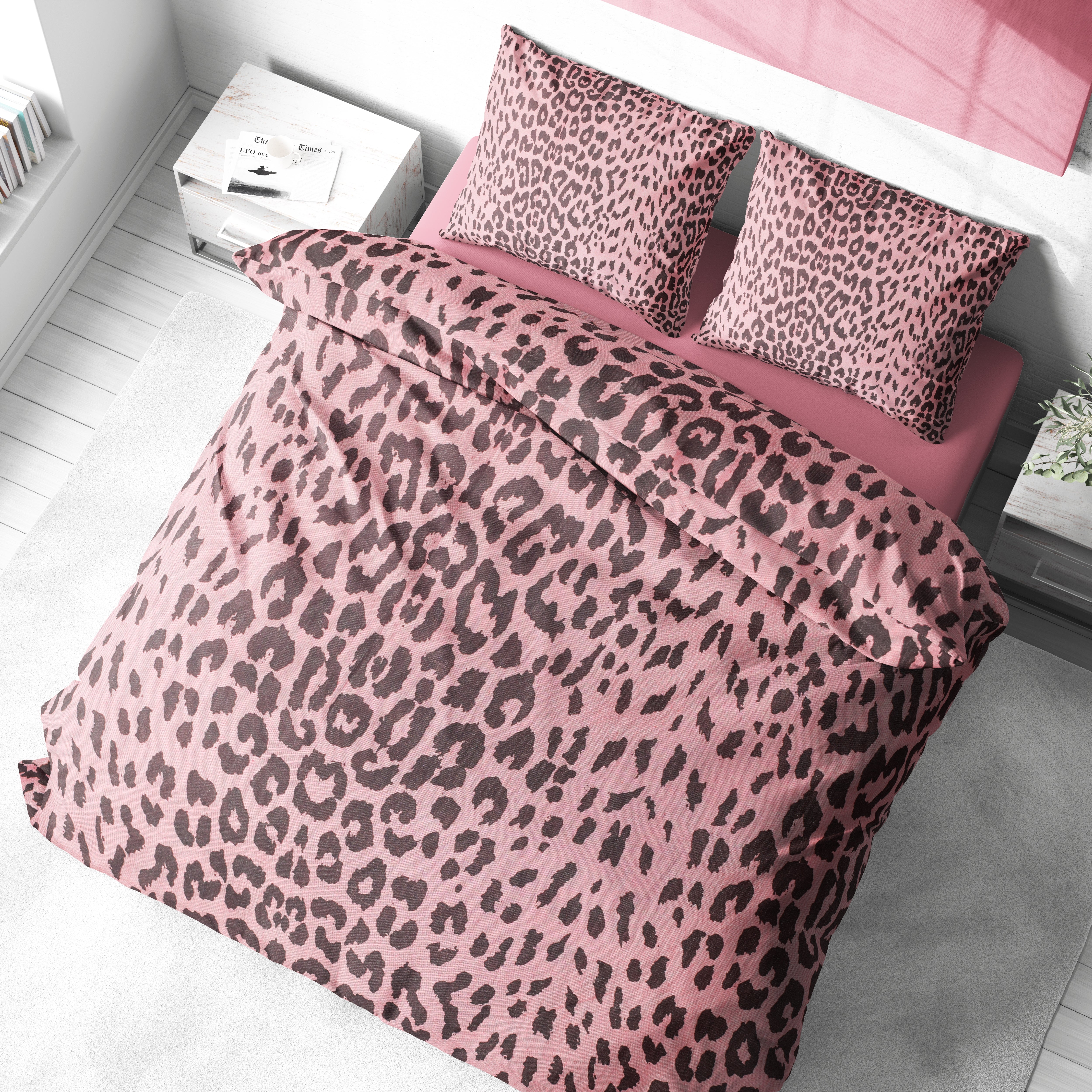 Pembe Leopar Desenli Pamuklu Nevresim Takımı | Lastikli Çarşaflı