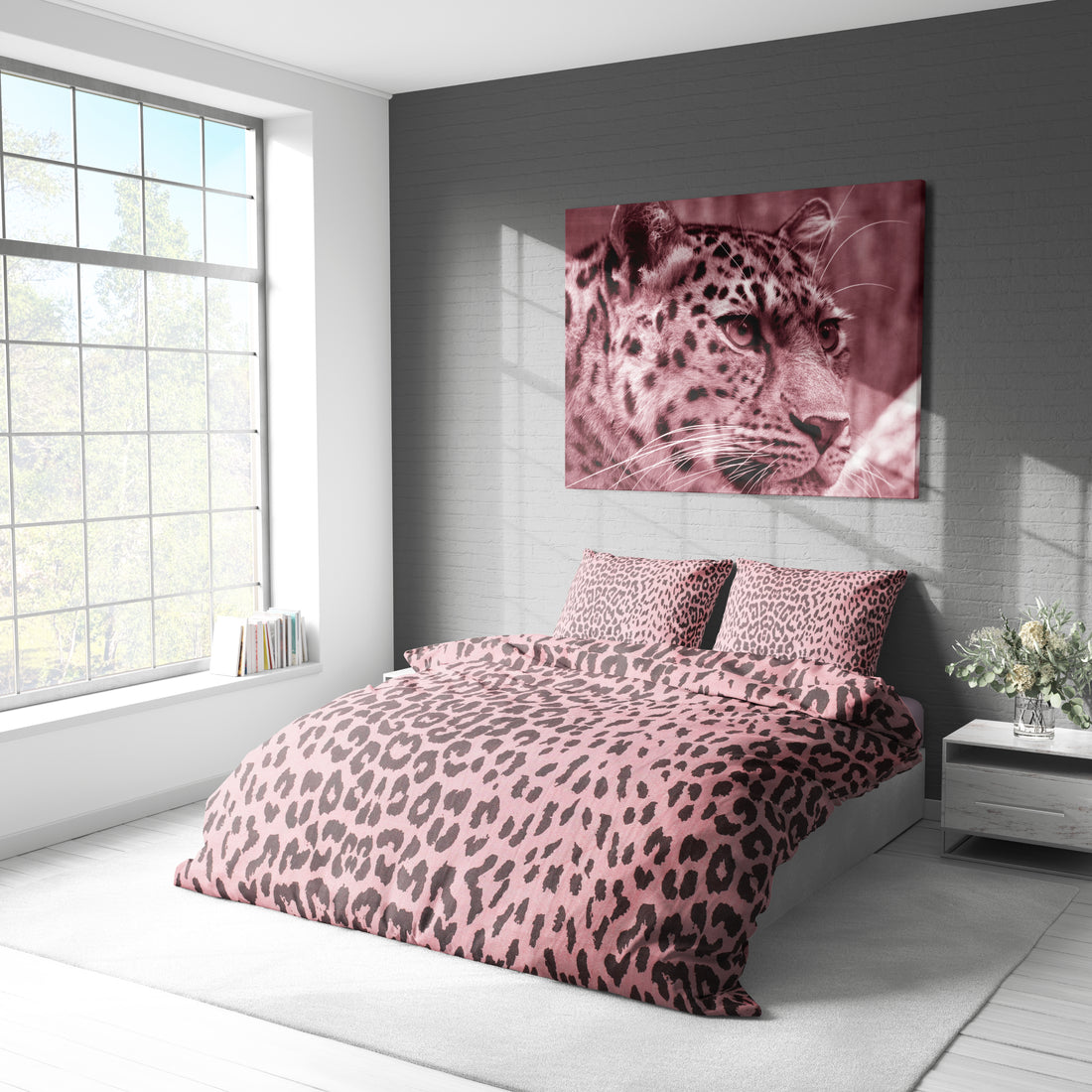 Pembe Leopar Desenli Pamuklu Nevresim Takımı | Lastikli Çarşaflı