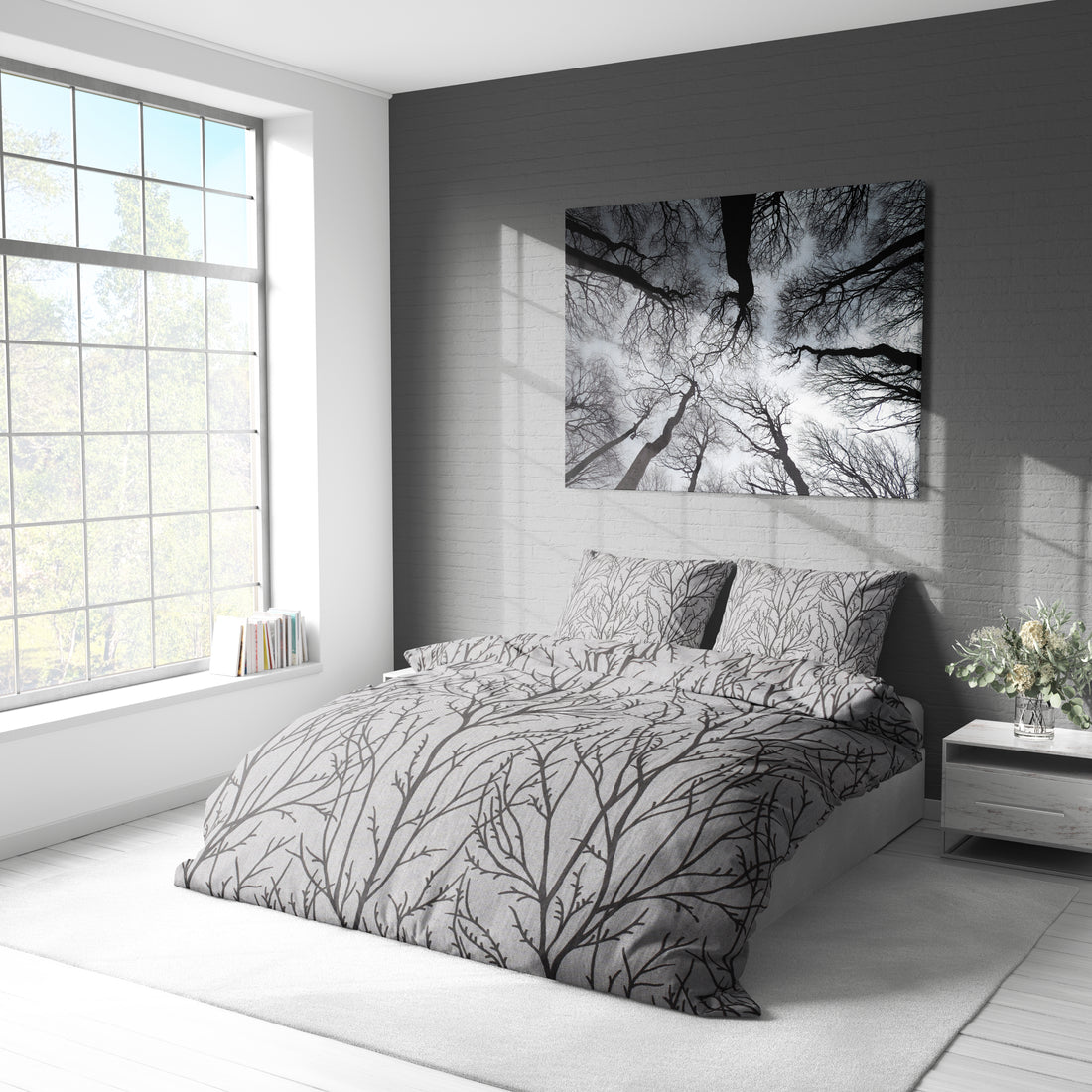 Gri Ağaç Dalları Desenli Pamuklu Nevresim Takımı | Lastikli Çarşaflı