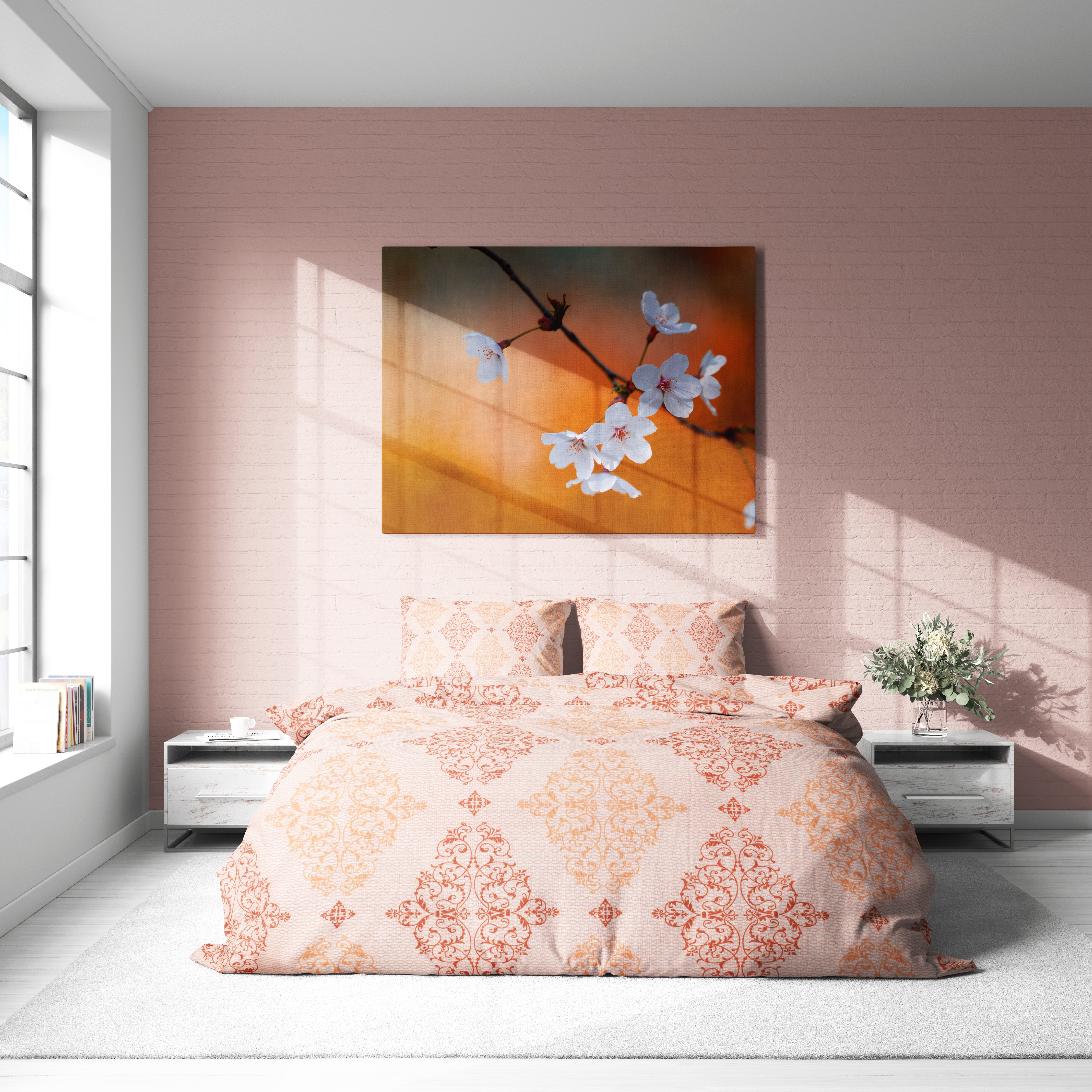 Turuncu Bej Klasik Desenli Nevresim Takımı | Lastikli Çarşaflı