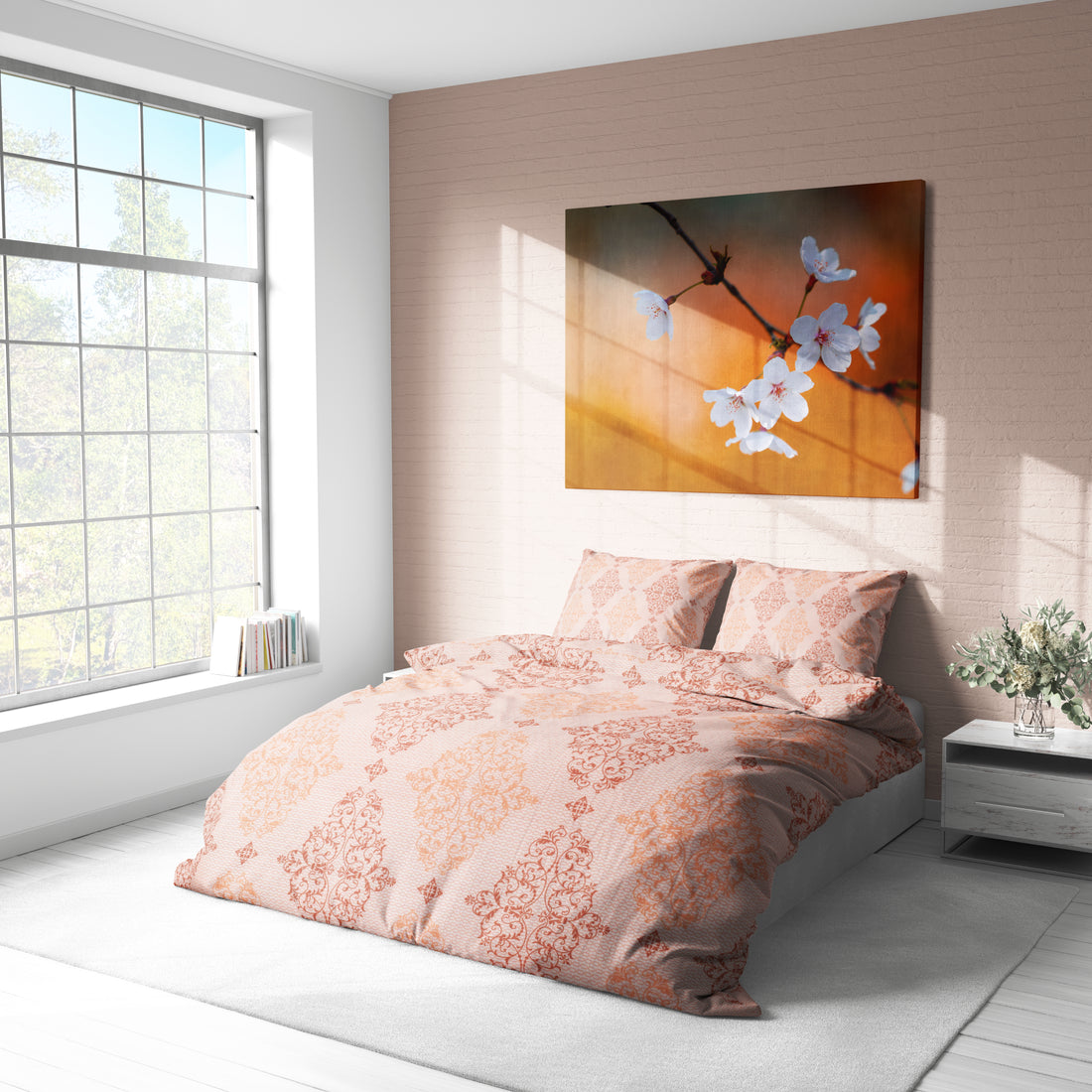 Turuncu Bej Klasik Desenli Nevresim Takımı | Lastikli Çarşaflı