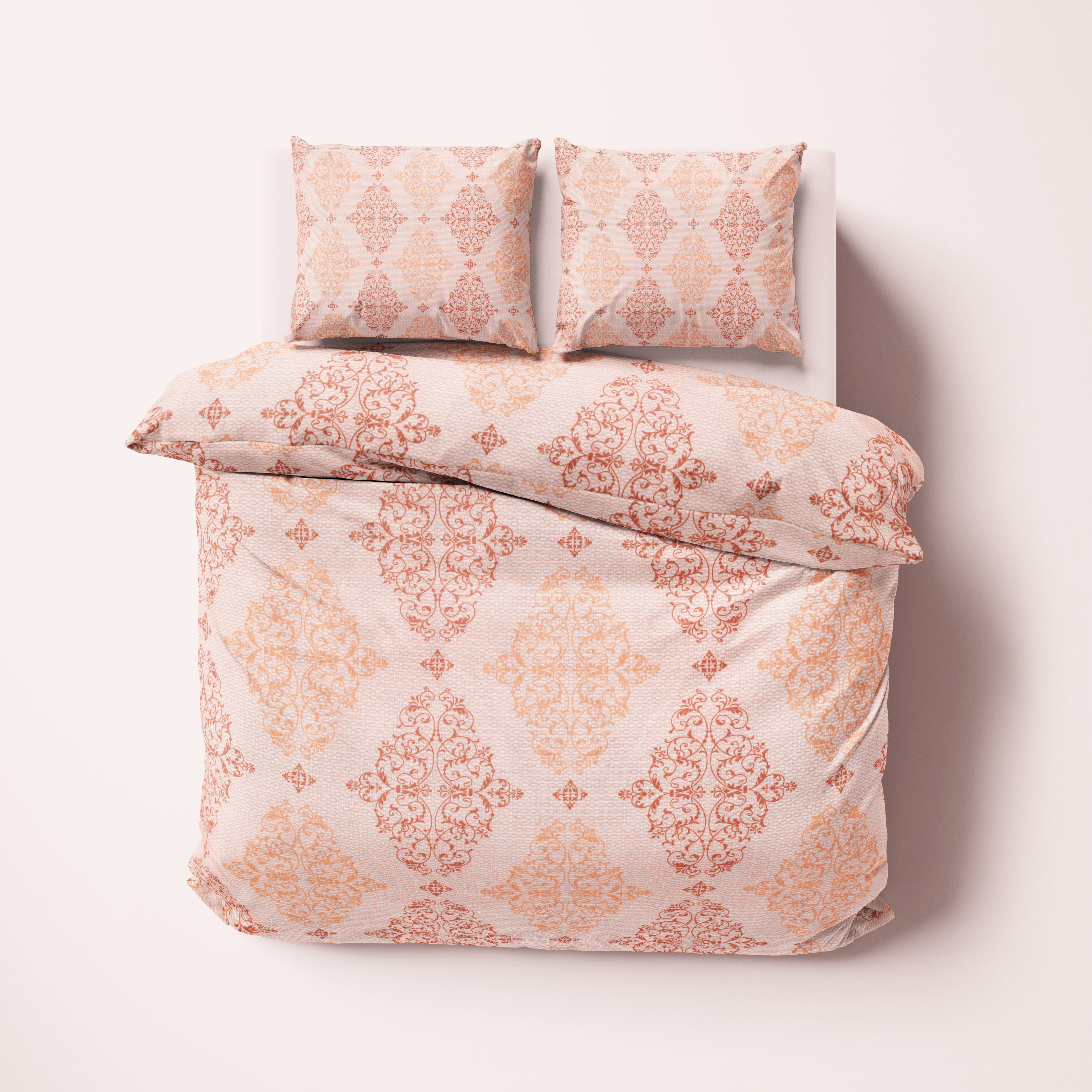 Turuncu Bej Klasik Desenli Nevresim Takımı | Lastikli Çarşaflı
