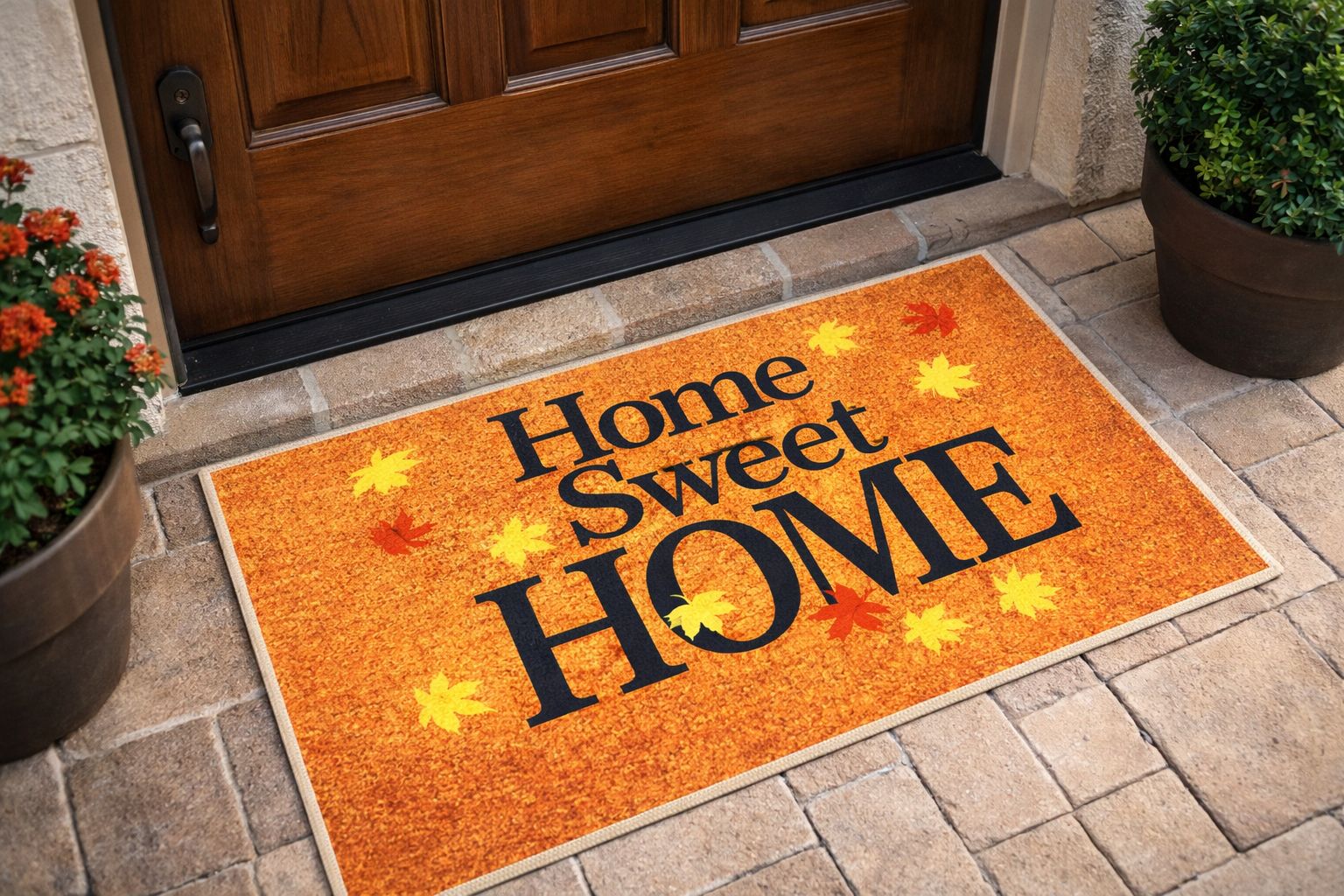 Home Sweet Home Yazılı Yaprak Desenli Kapı Önü Paspası