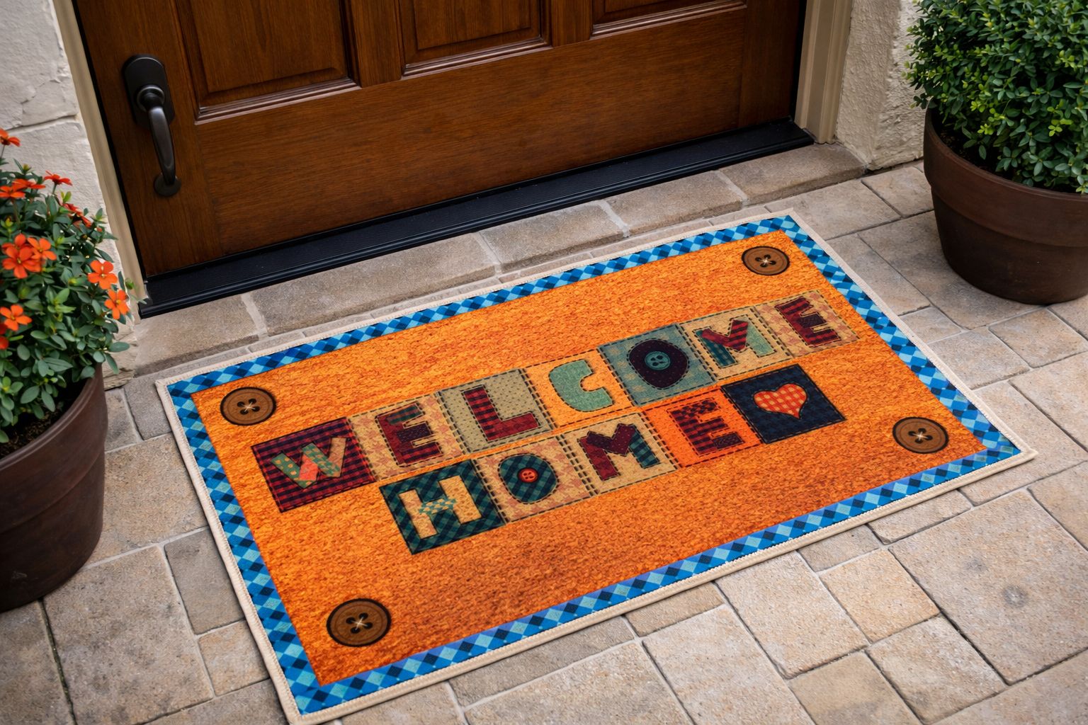 Welcome Home Yazılı Patchwork Desenli Kapı Önü Paspası