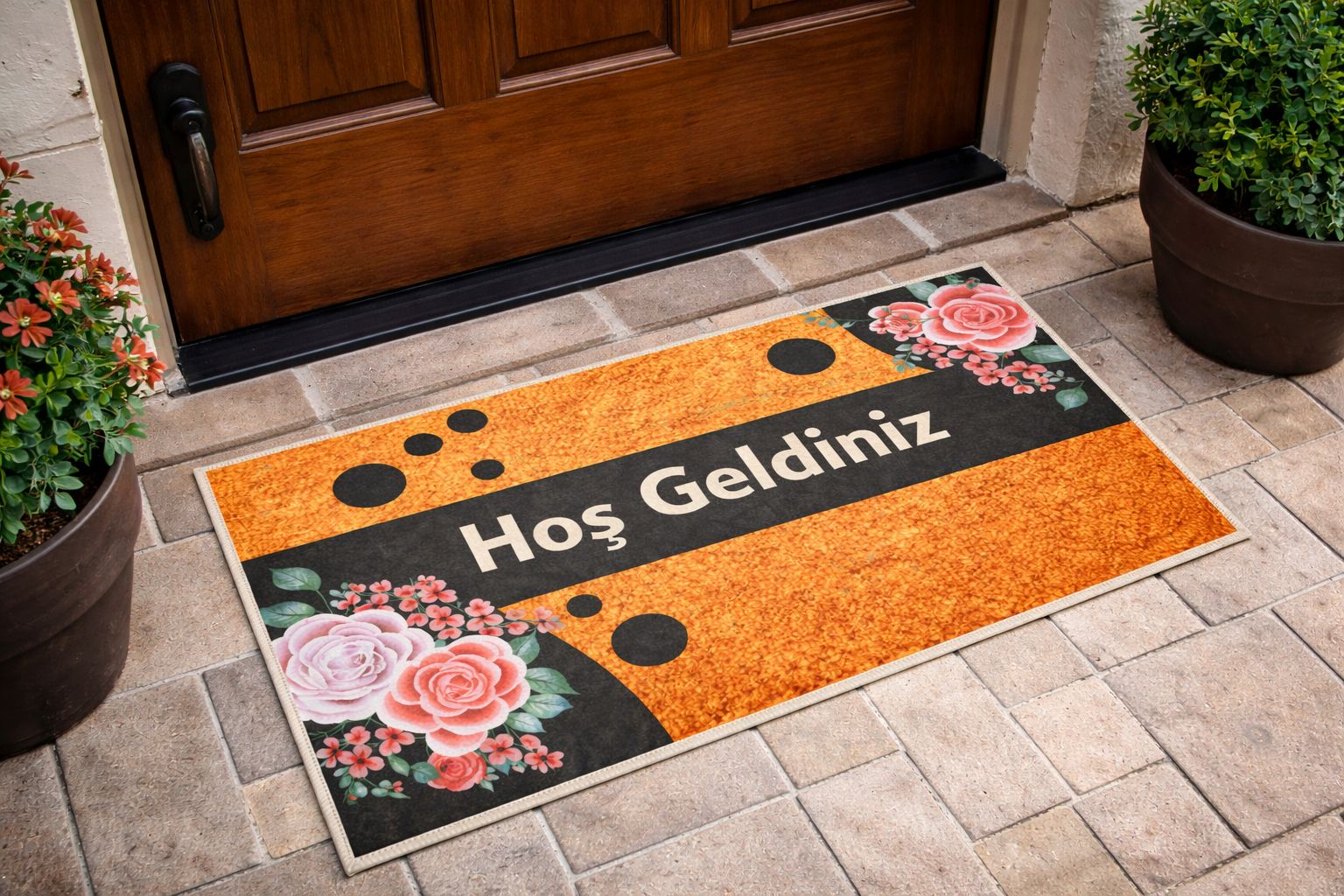 Hoş Geldiniz Yazılı Çiçek Desenli Kapı Önü Paspası