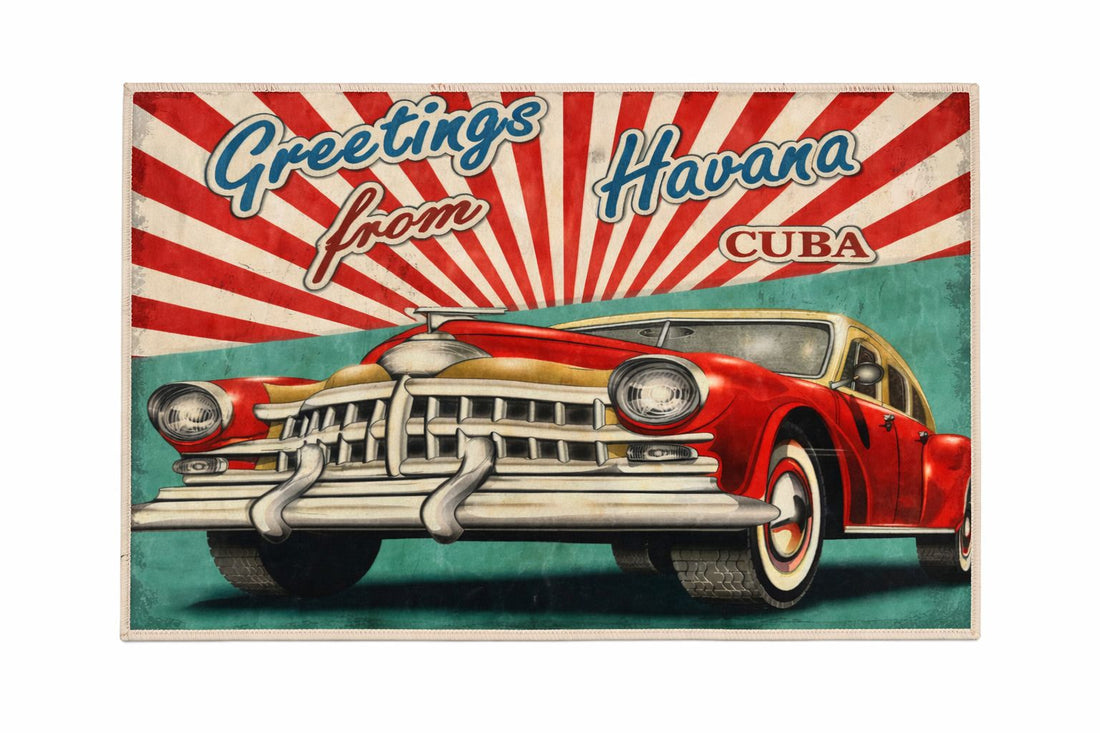 Retro Araba Desenli Havana Temalı Kapı Önü Paspası
