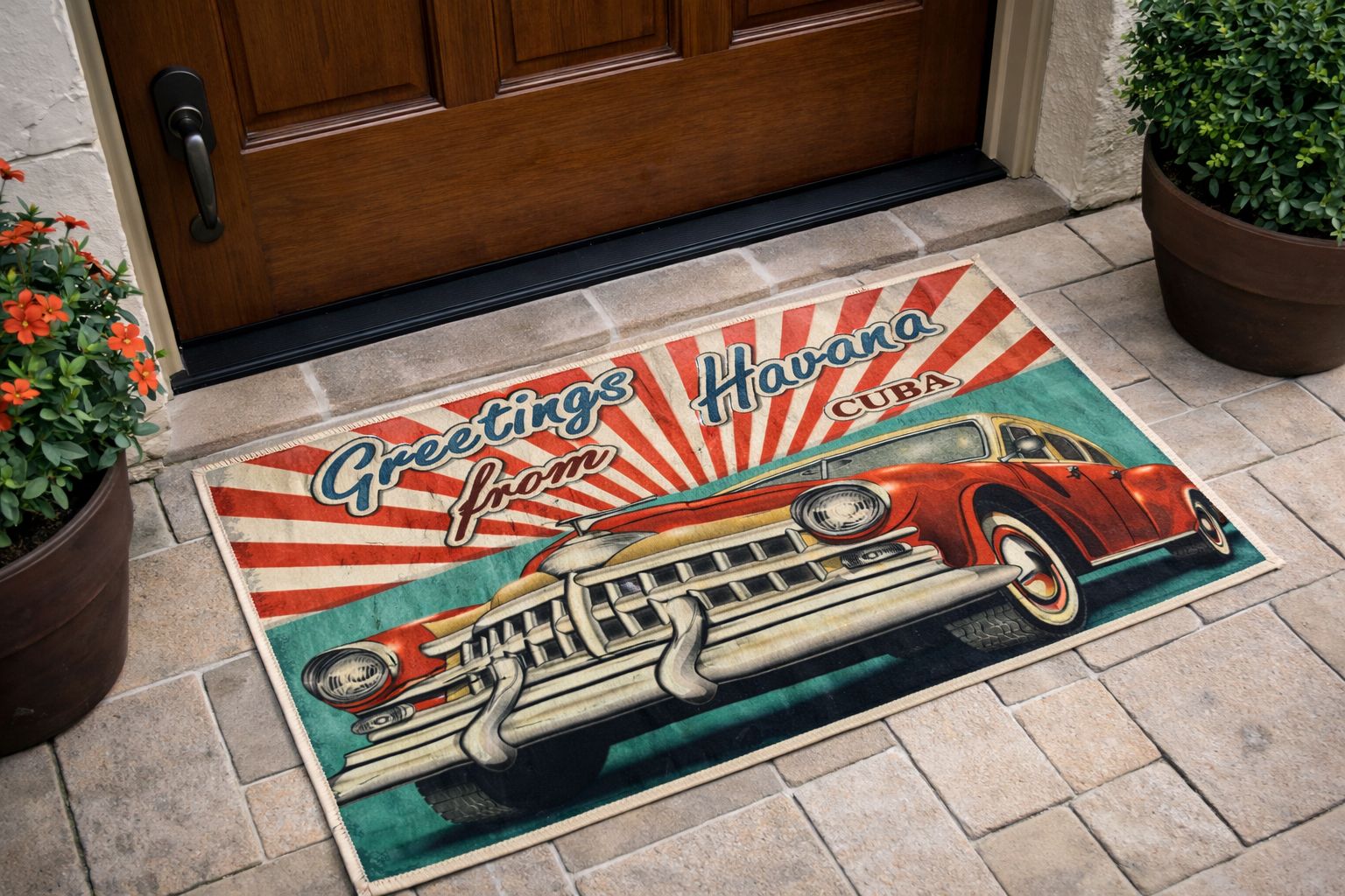 Retro Araba Desenli Havana Temalı Kapı Önü Paspası
