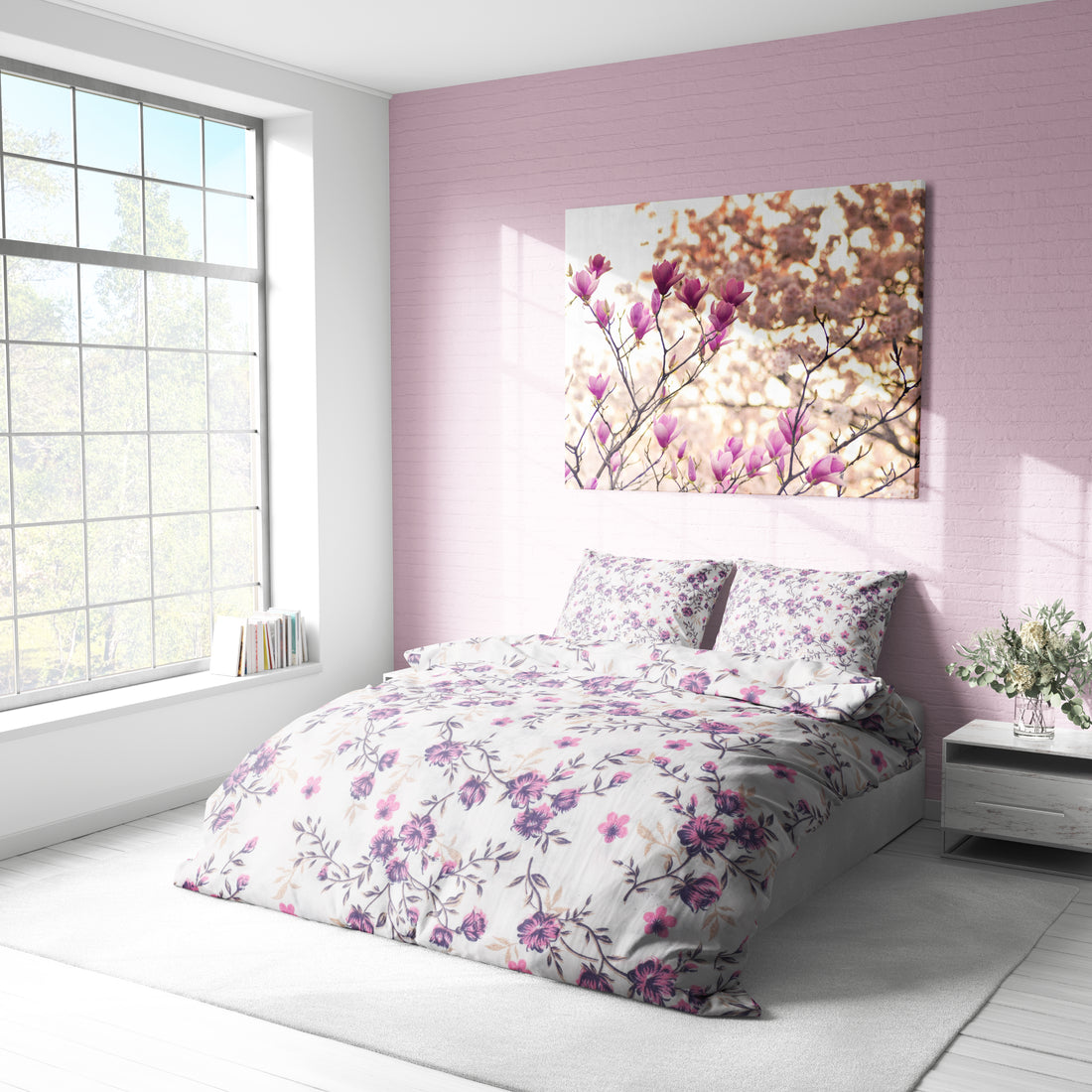 Pembe Lila Çiçek Desenli Pamuklu Nevresim Takımı | Lastikli Çarşaflı