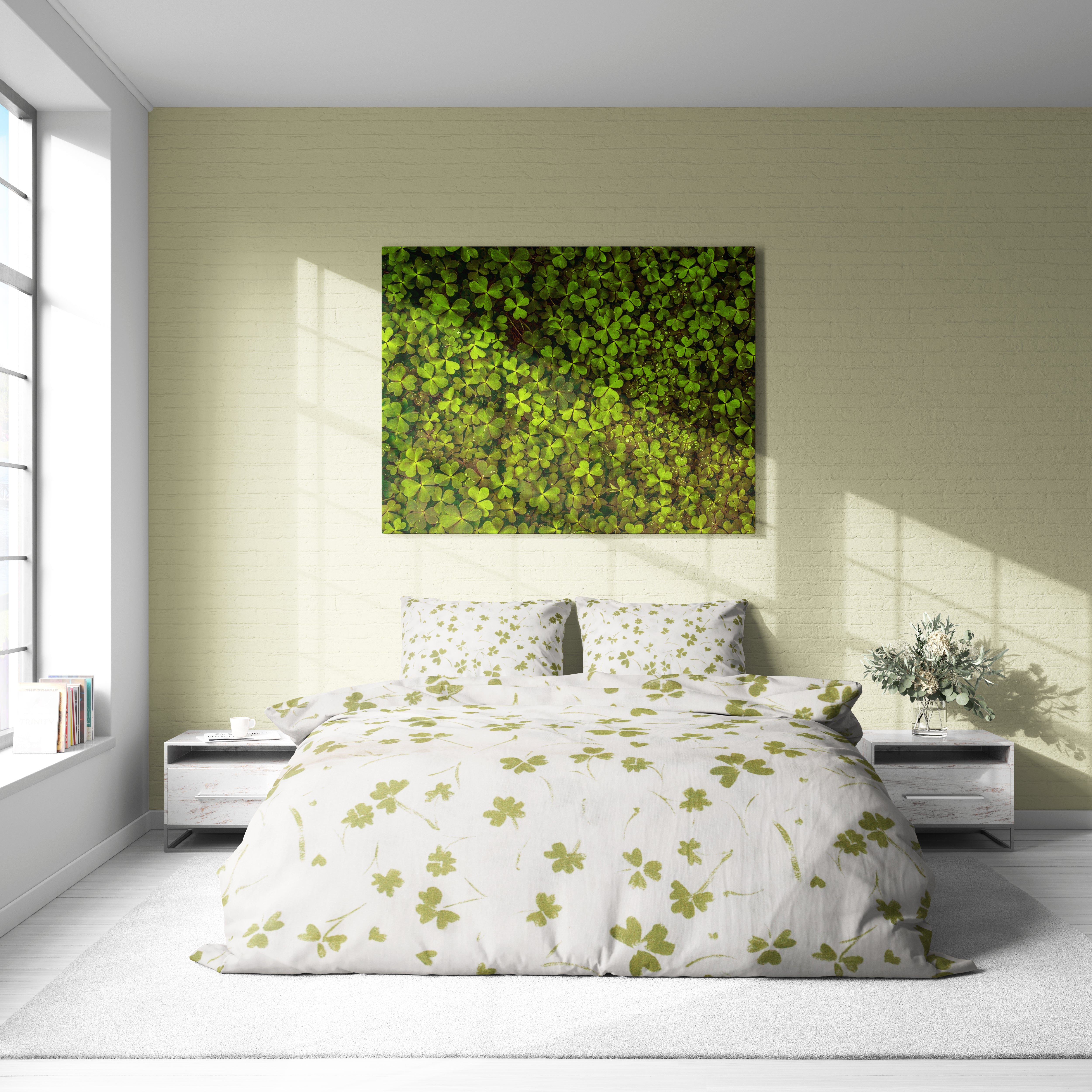 Yeşil Yonca Desenli Pamuklu Nevresim Takımı | Lastikli Çarşaflı