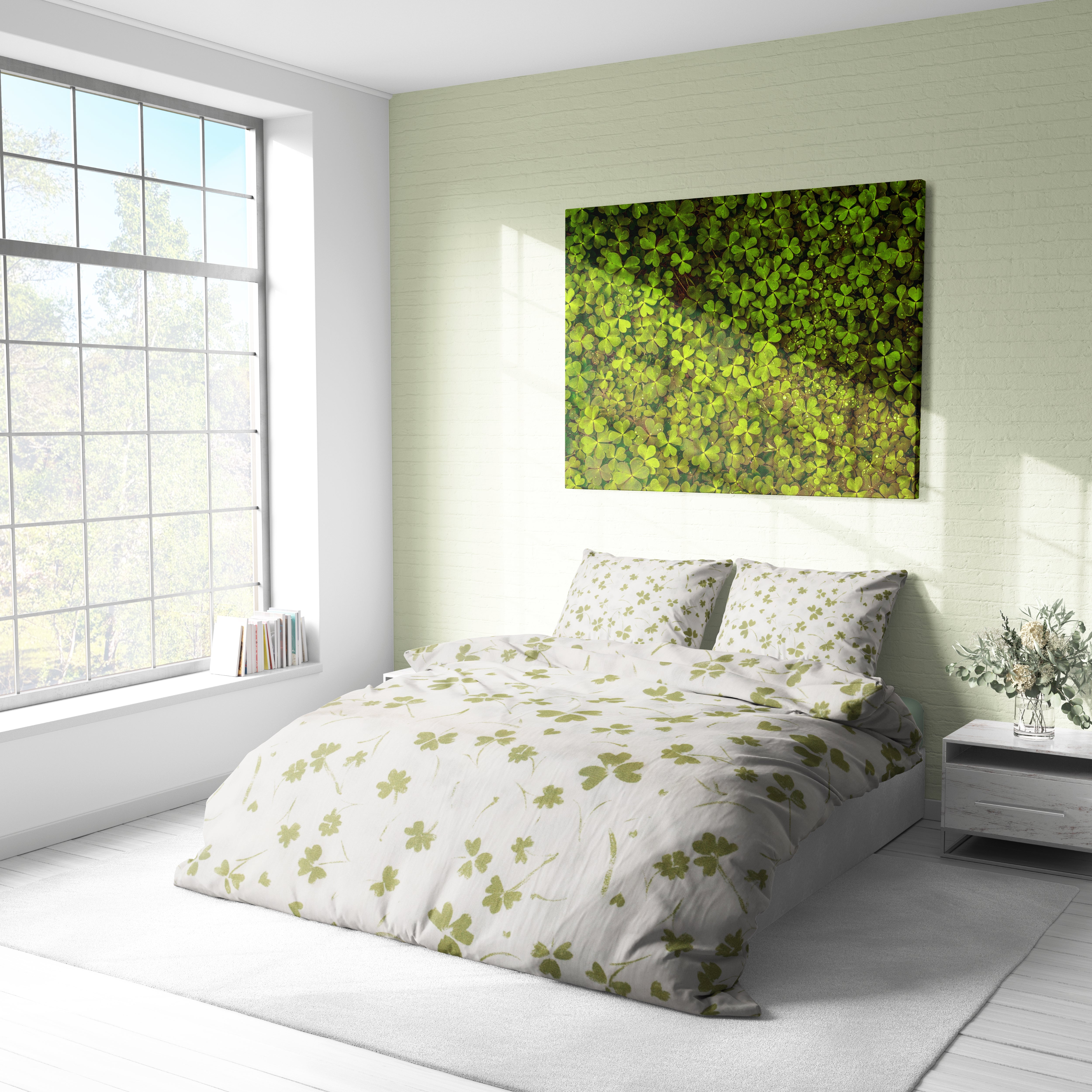 Yeşil Yonca Desenli Pamuklu Nevresim Takımı | Lastikli Çarşaflı