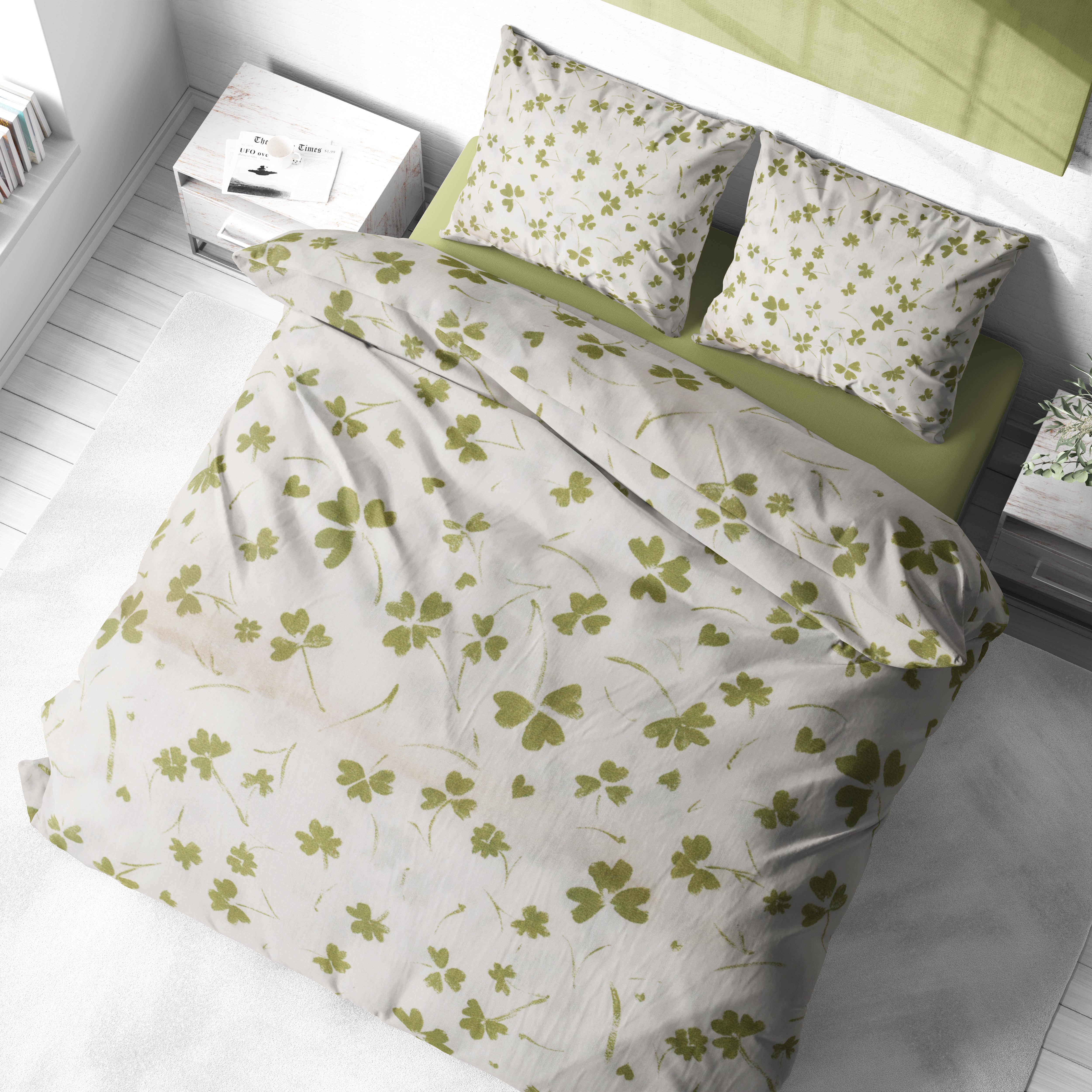 Yeşil Yonca Desenli Pamuklu Nevresim Takımı | Lastikli Çarşaflı