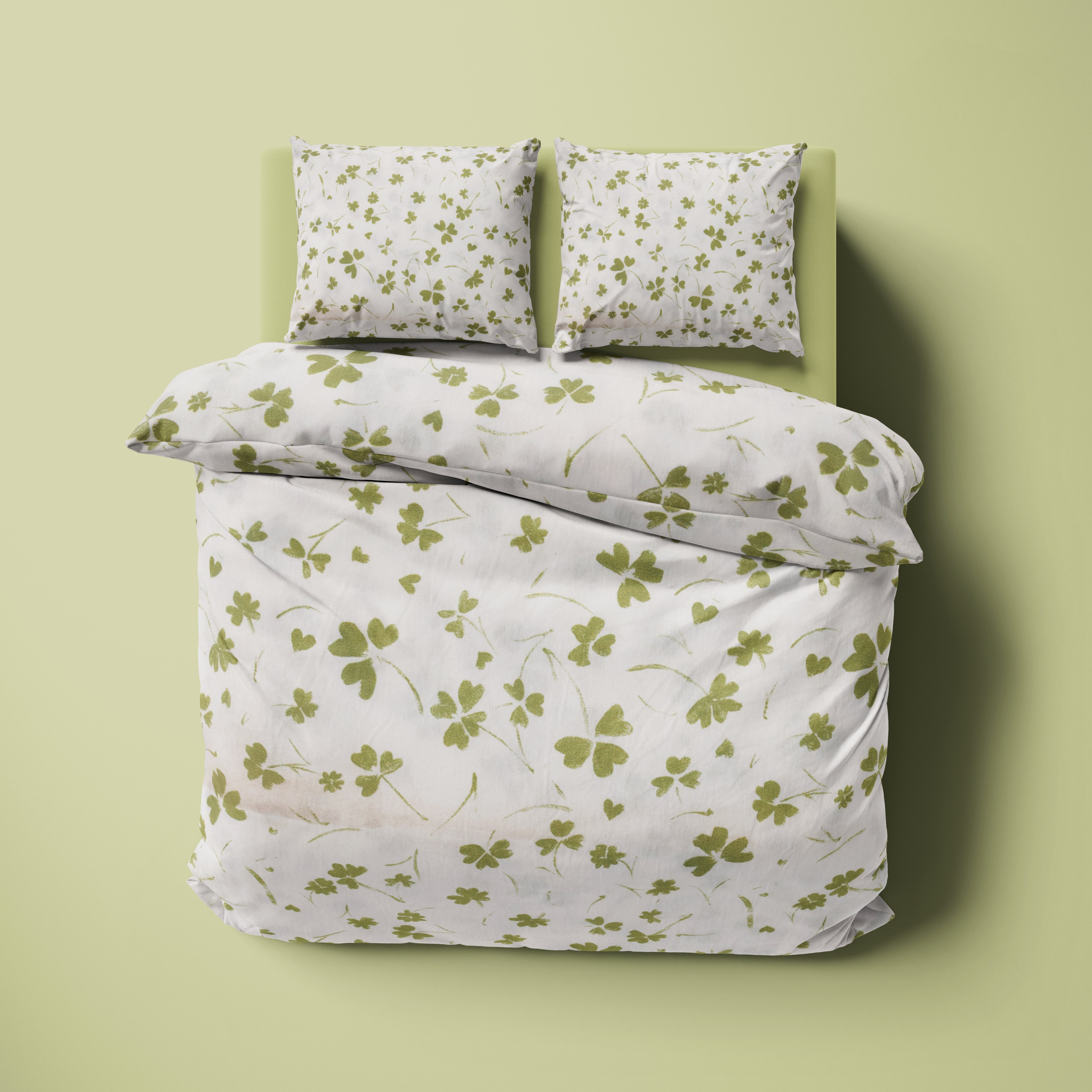 Yeşil Yonca Desenli Pamuklu Nevresim Takımı | Lastikli Çarşaflı