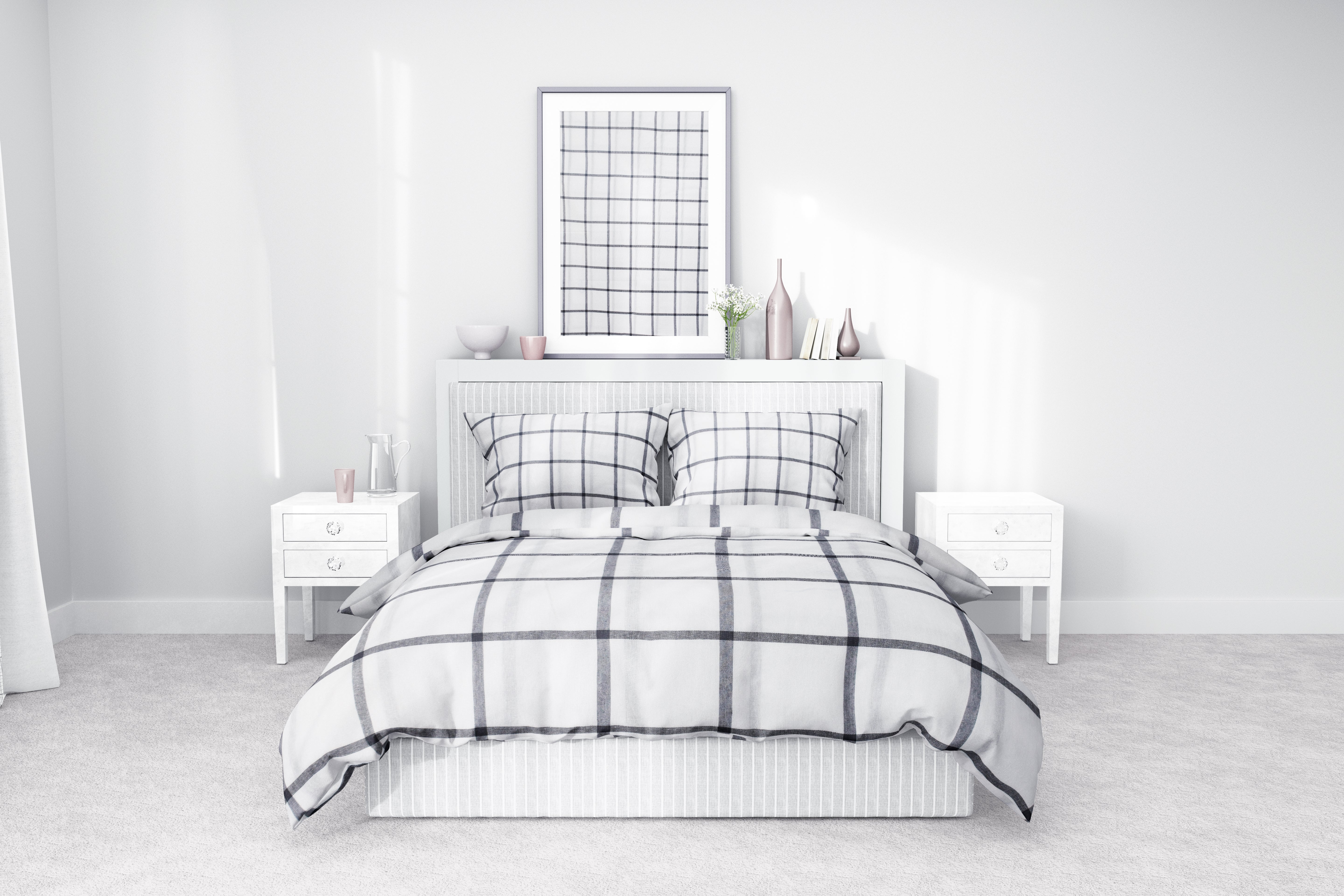 Beyaz Kareli Pamuklu Nevresim Takımı | Lastikli Çarşaflı