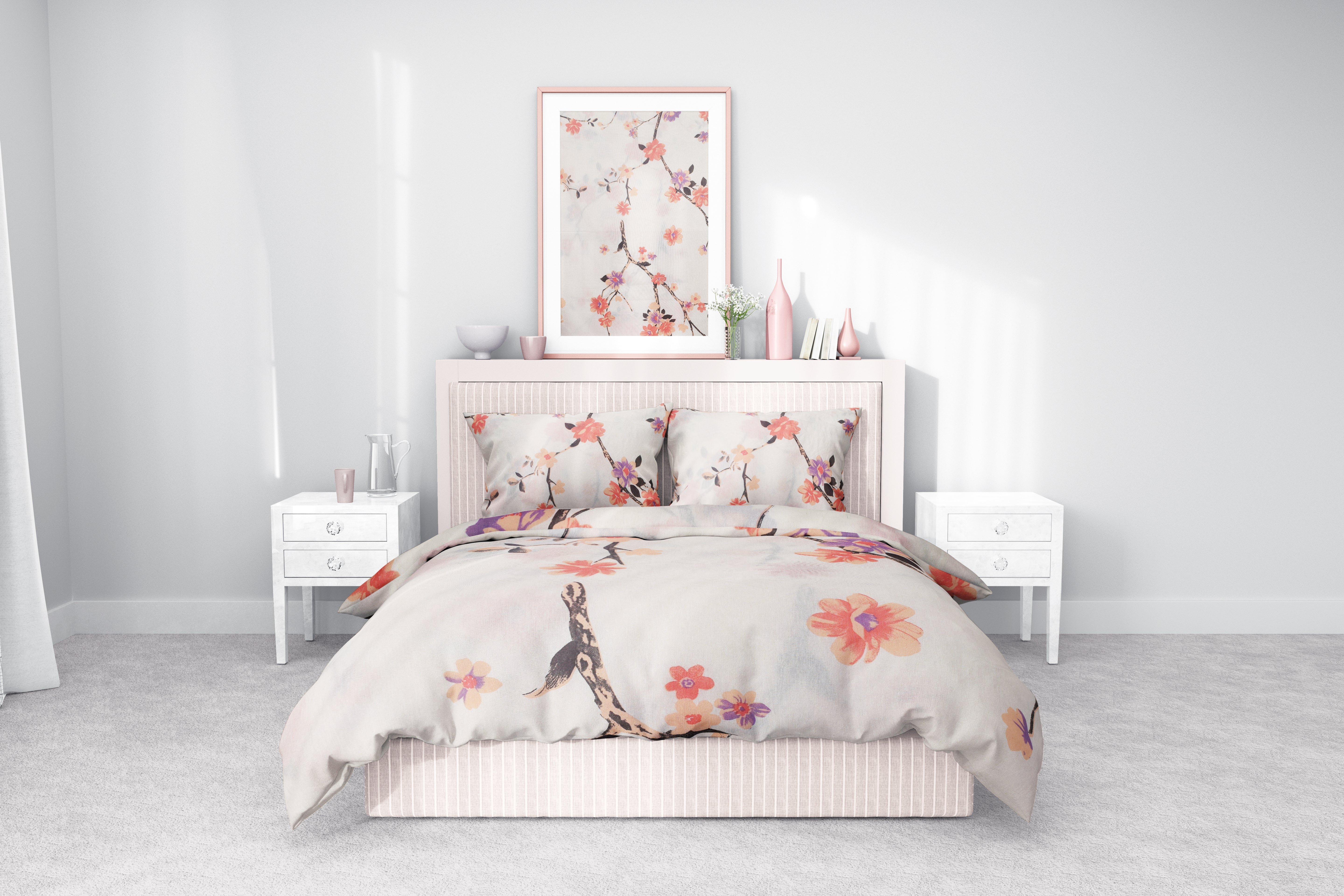 Dal ve Çiçek Desenli Pamuklu Nevresim Takımı | Lastikli Çarşaflı