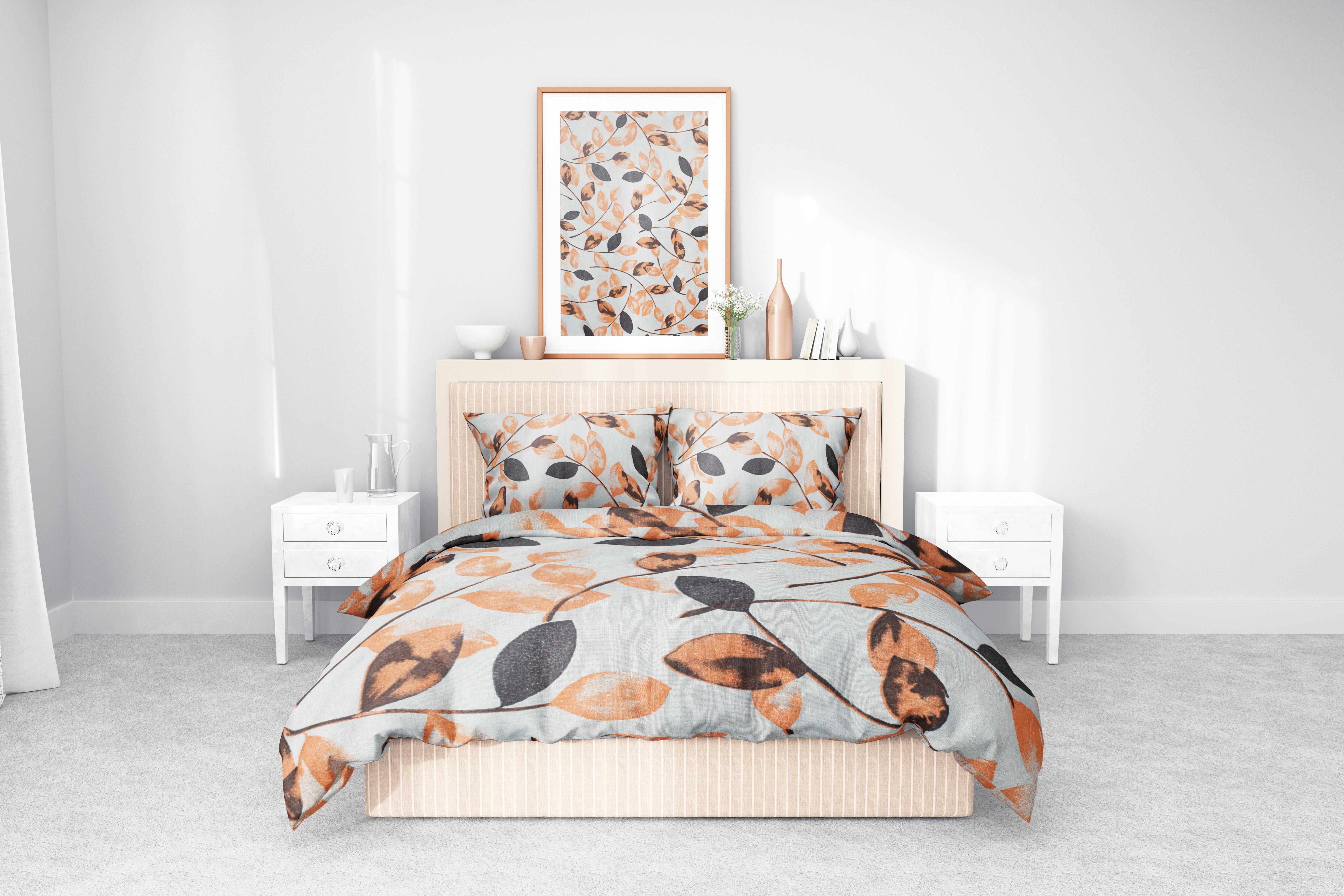 Doğal Yaprak Desenli Pamuklu Nevresim Takımı | Lastikli Çarşaflı