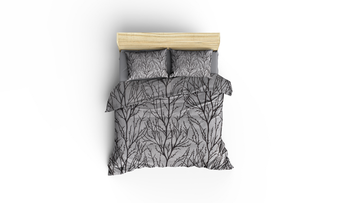 Gri Ağaç Dalları Desenli Pamuklu Nevresim Takımı | Lastikli Çarşaflı