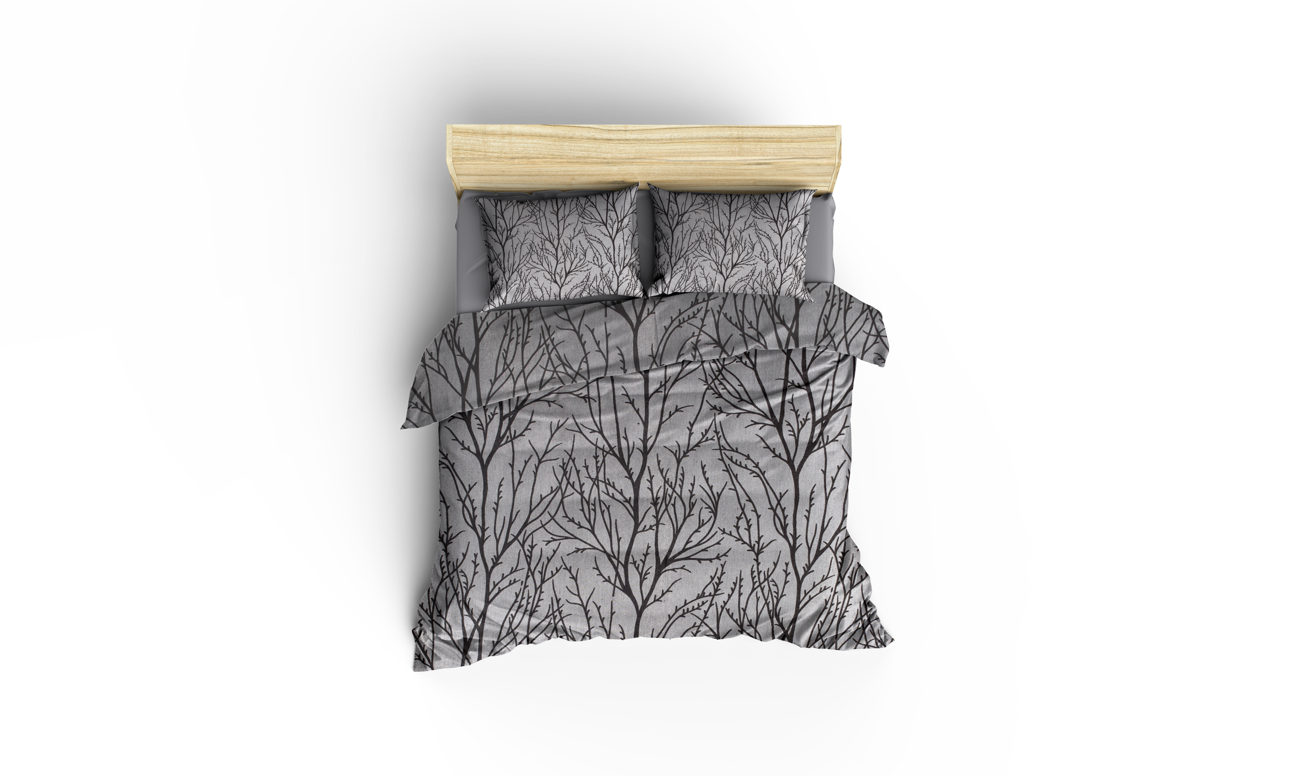 Gri Ağaç Dalları Desenli Pamuklu Nevresim Takımı | Lastikli Çarşaflı