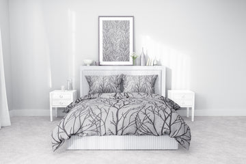 Gri Ağaç Dalları Desenli Pamuklu Nevresim Takımı | Lastikli Çarşaflı