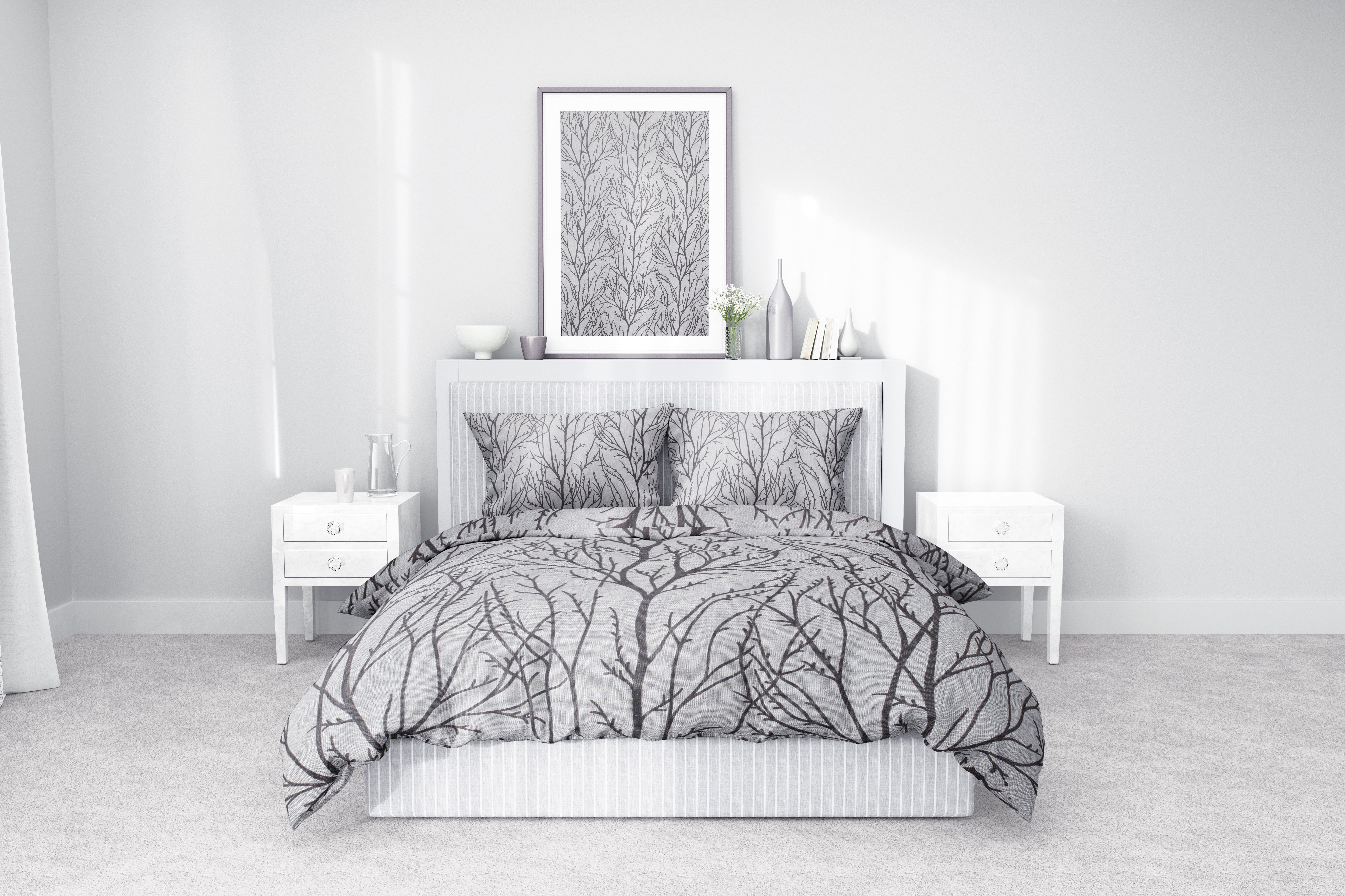Gri Ağaç Dalları Desenli Pamuklu Nevresim Takımı | Lastikli Çarşaflı
