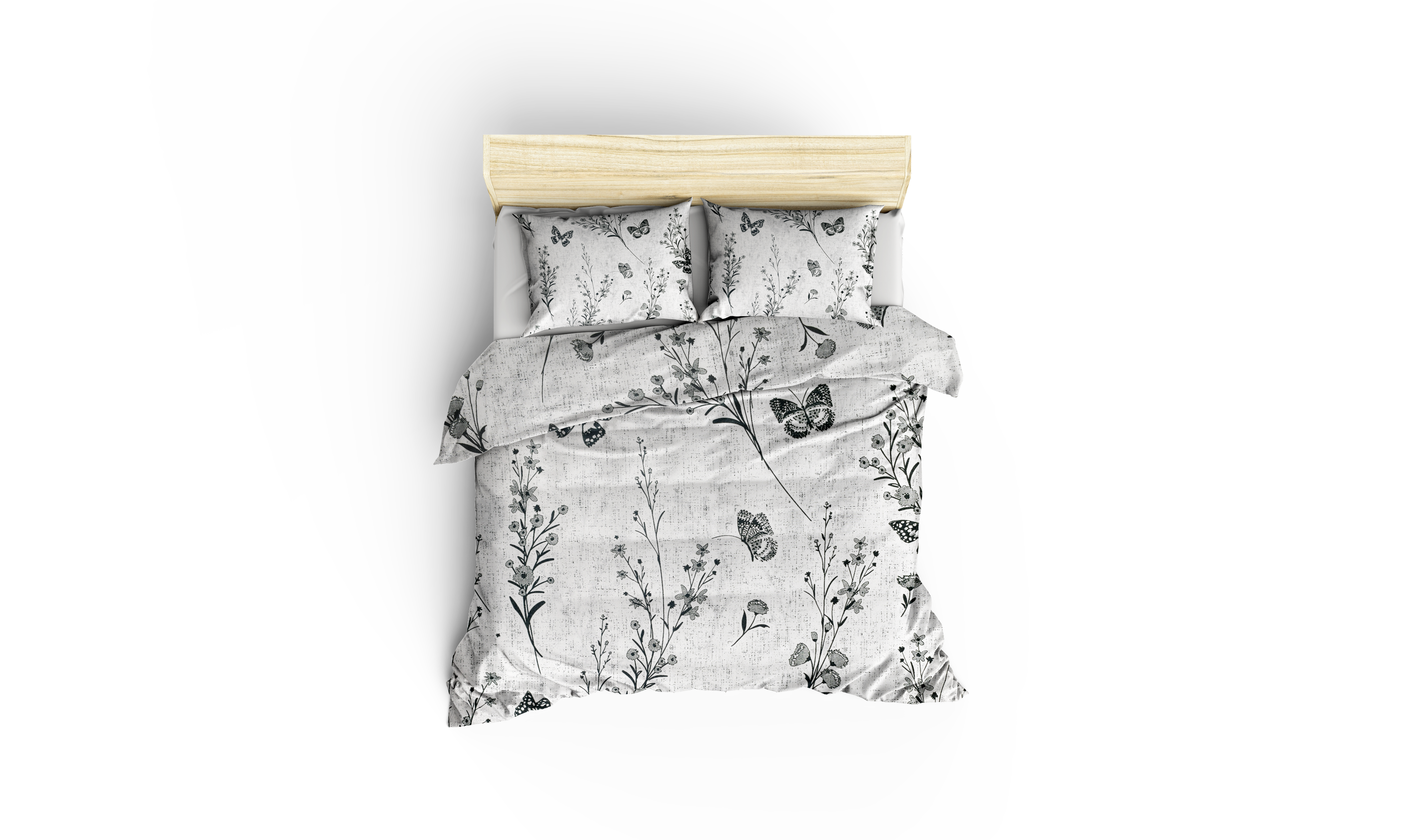 Gri Çiçek ve Kelebek Desenli Pamuklu Nevresim Takımı | Lastikli Çarşaflı