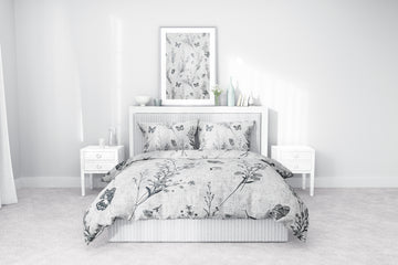 Gri Çiçek ve Kelebek Desenli Pamuklu Nevresim Takımı | Lastikli Çarşaflı