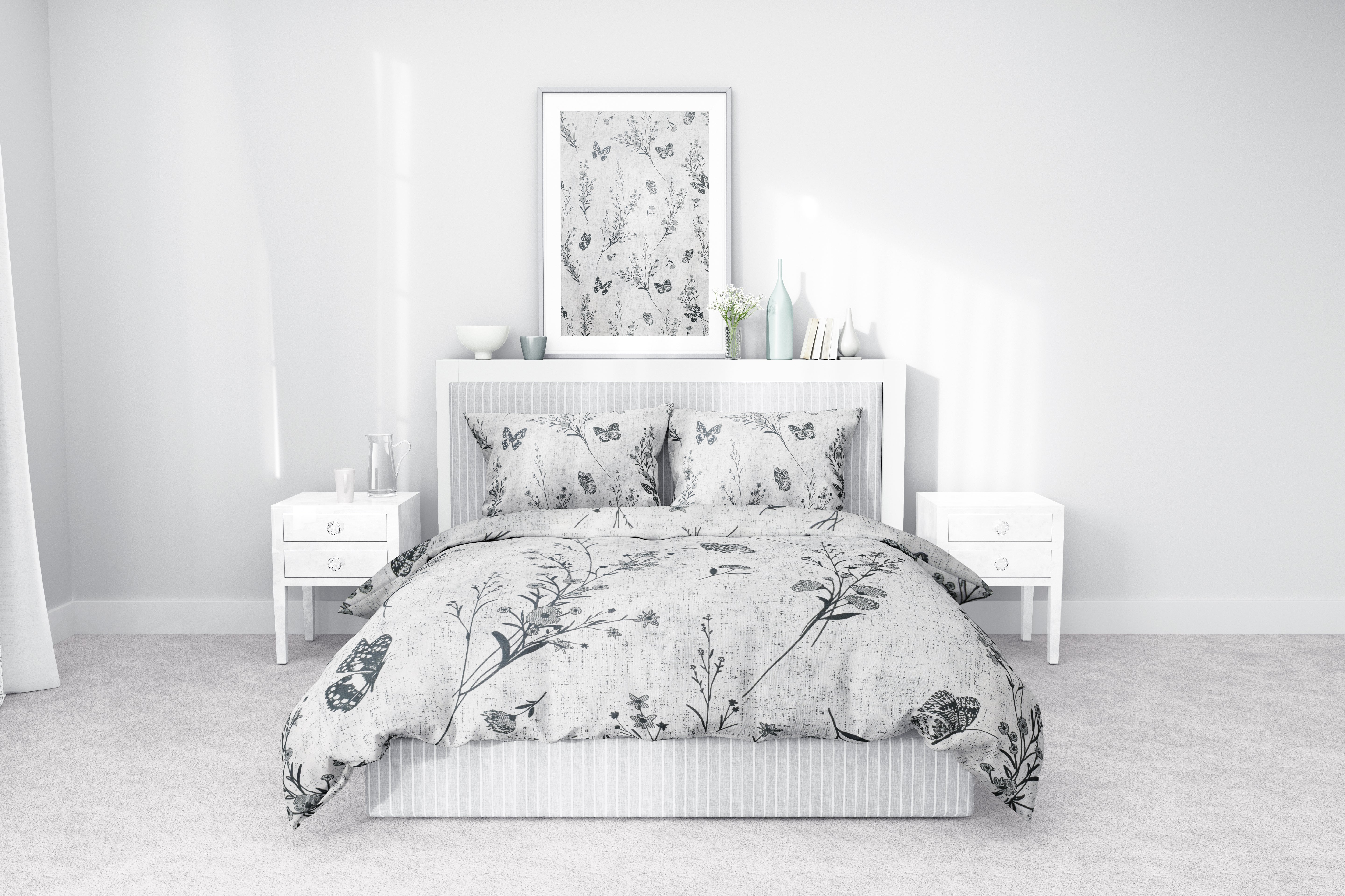 Gri Çiçek ve Kelebek Desenli Pamuklu Nevresim Takımı | Lastikli Çarşaflı
