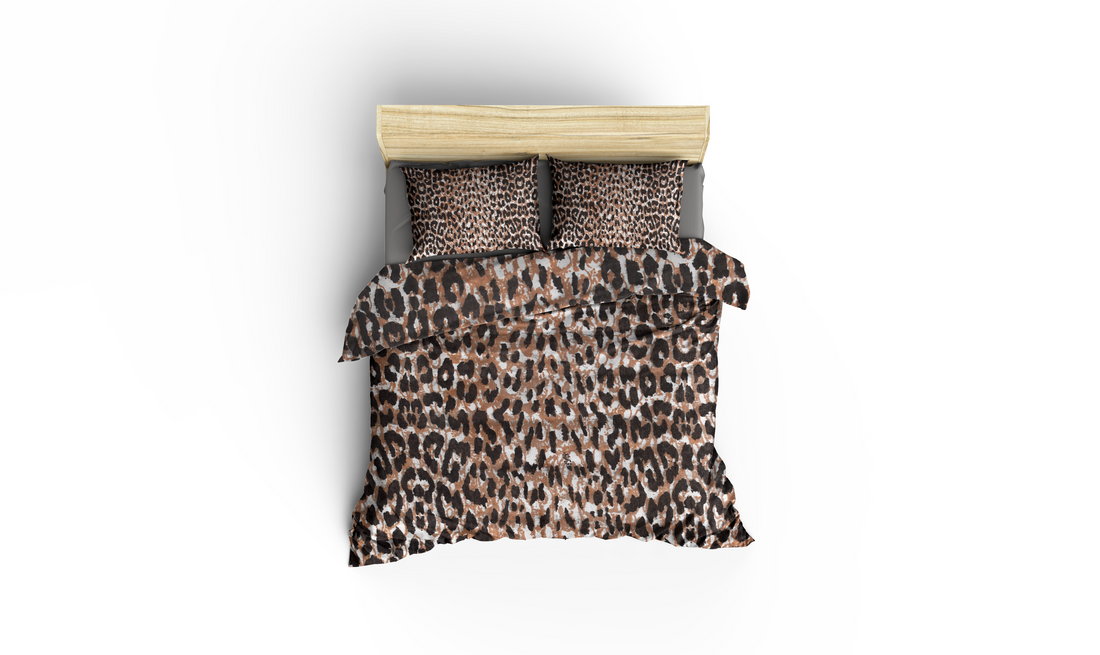 Kahve Leopar Desenli Pamuklu Nevresim Takımı | Lastikli Çarşaflı