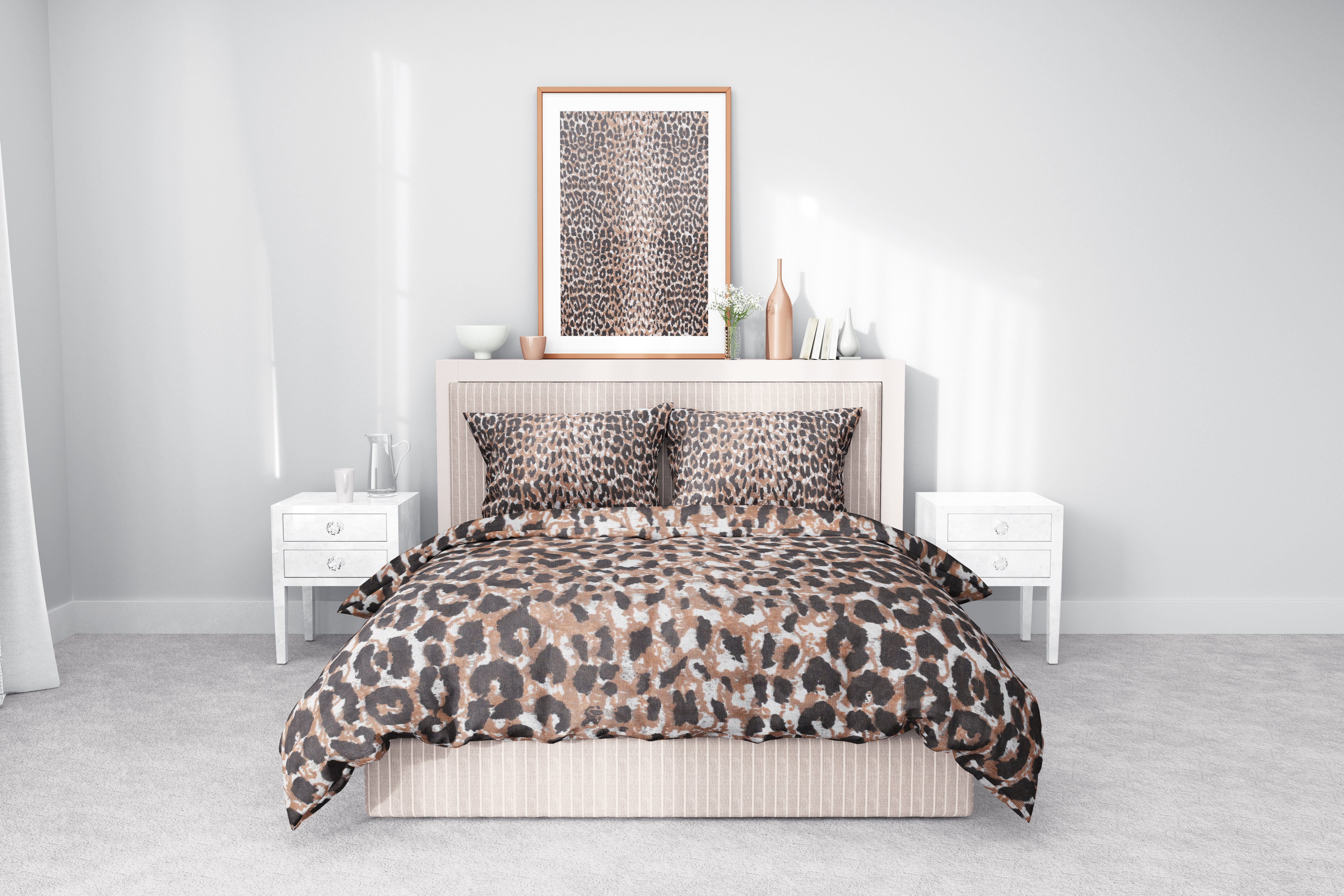 Kahve Leopar Desenli Pamuklu Nevresim Takımı | Lastikli Çarşaflı