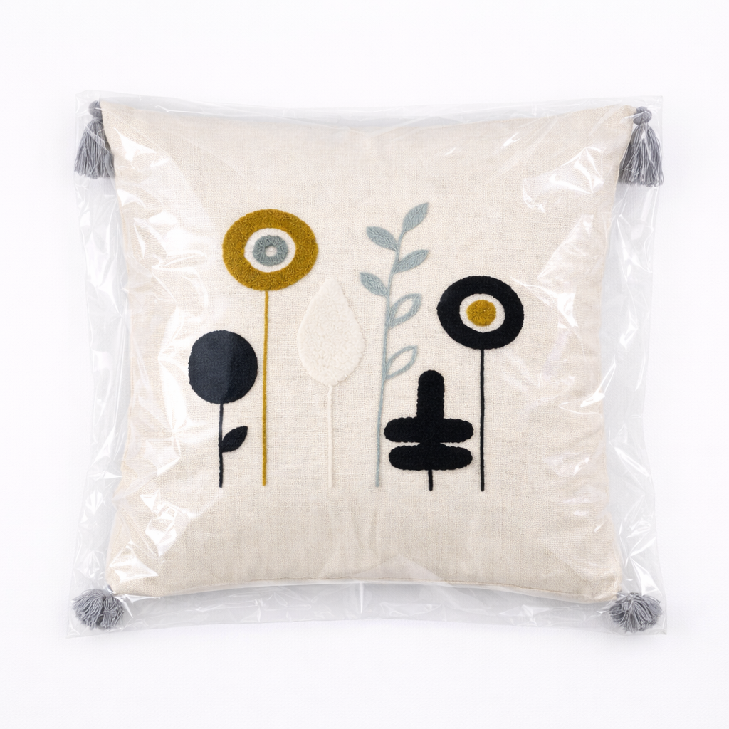 Nakışlı Çiçek Desenli Dekoratif Kırlent Kılıfı | Püsküllü Yastık Kılıfı