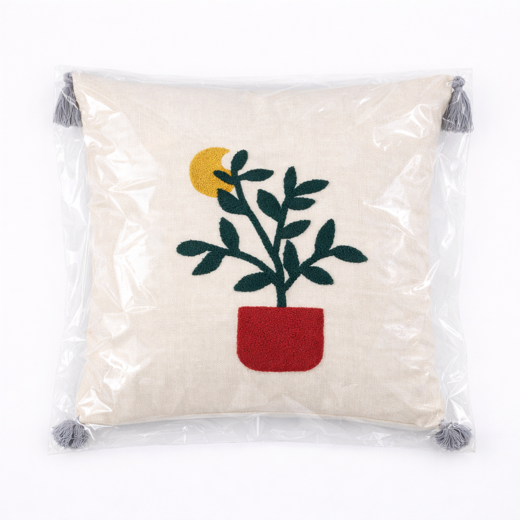 Nakışlı Saksı Bitkisi Desenli Dekoratif Kırlent Kılıfı | Püsküllü Yastık Kılıfı