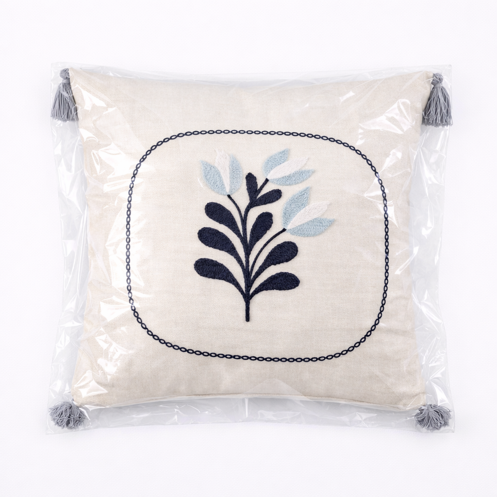 Nakışlı Monstera Yaprak Desenli Dekoratif Kırlent Kılıfı | Püsküllü Yastık