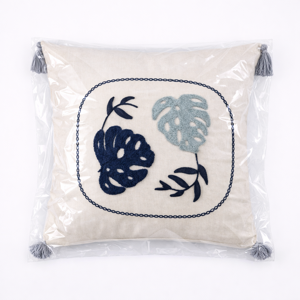 Nakışlı Yaprak Desenli Dekoratif Kırlent Kılıfı | Püsküllü Yastık Kılıfı