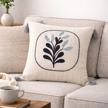 Nakışlı Monstera Yaprak Desenli Dekoratif Kırlent Kılıfı | Püsküllü Yastık