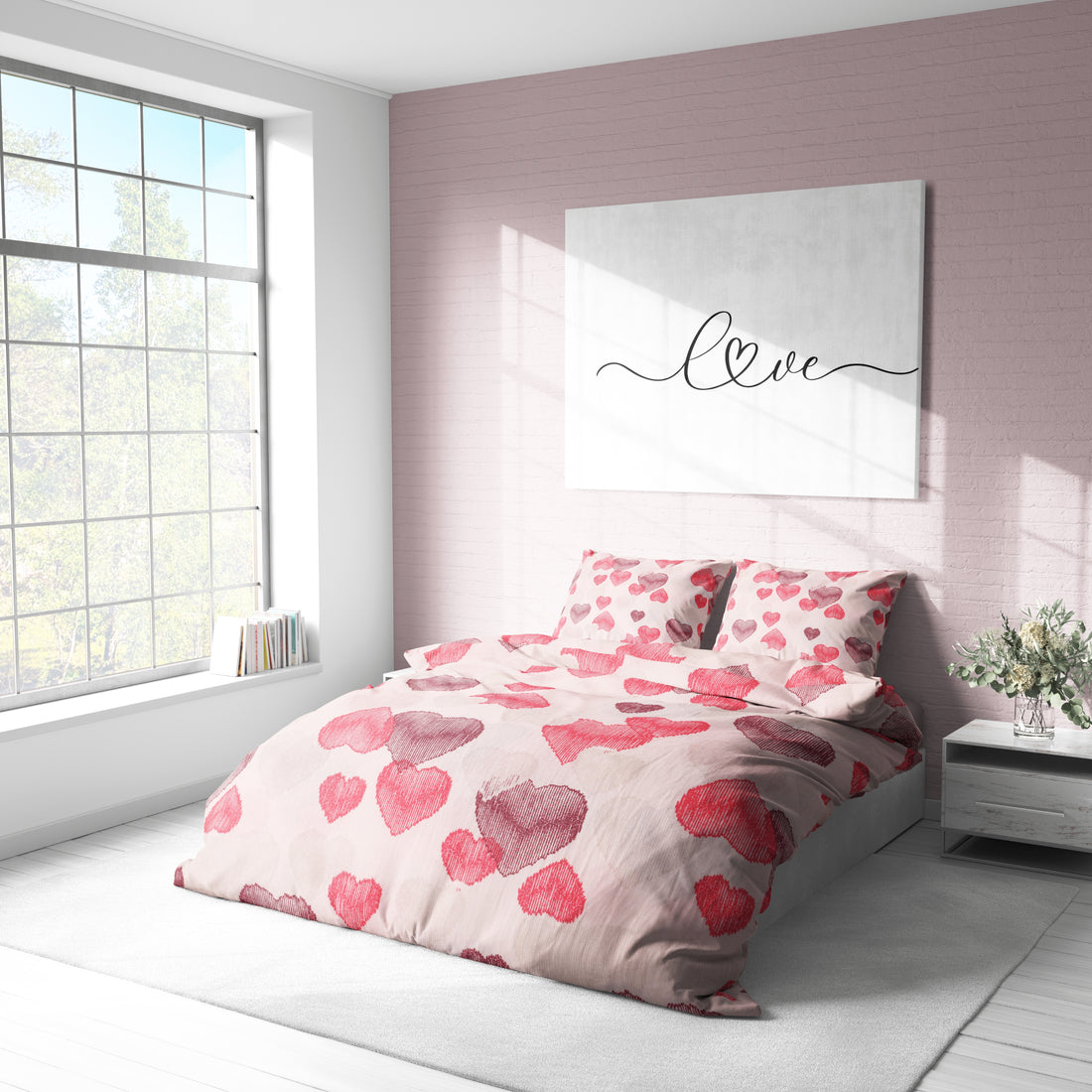 Pembe Kalp Desenli Pamuklu Nevresim Takımı | Lastikli Çarşaflı