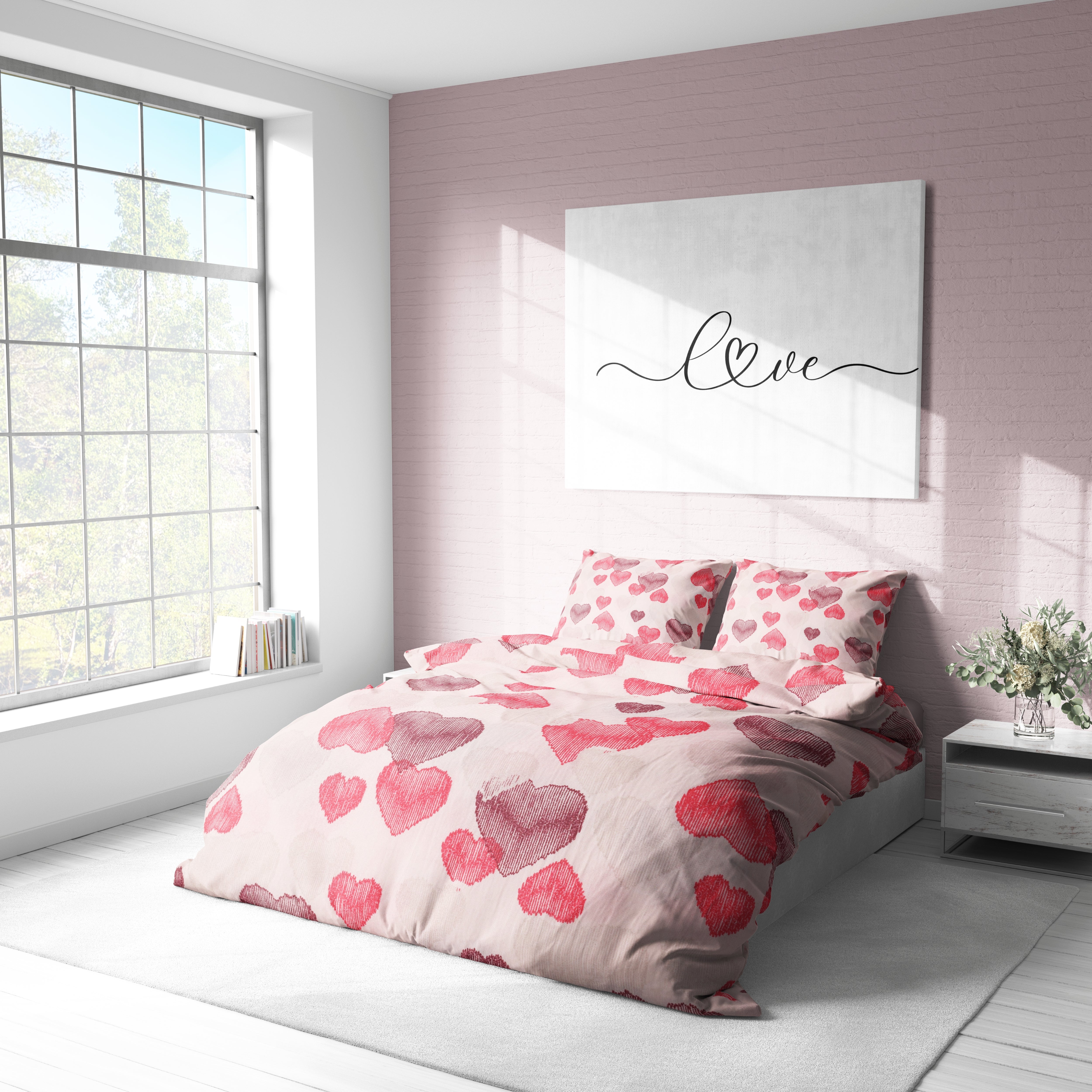 Pembe Kalp Desenli Pamuklu Nevresim Takımı | Lastikli Çarşaflı