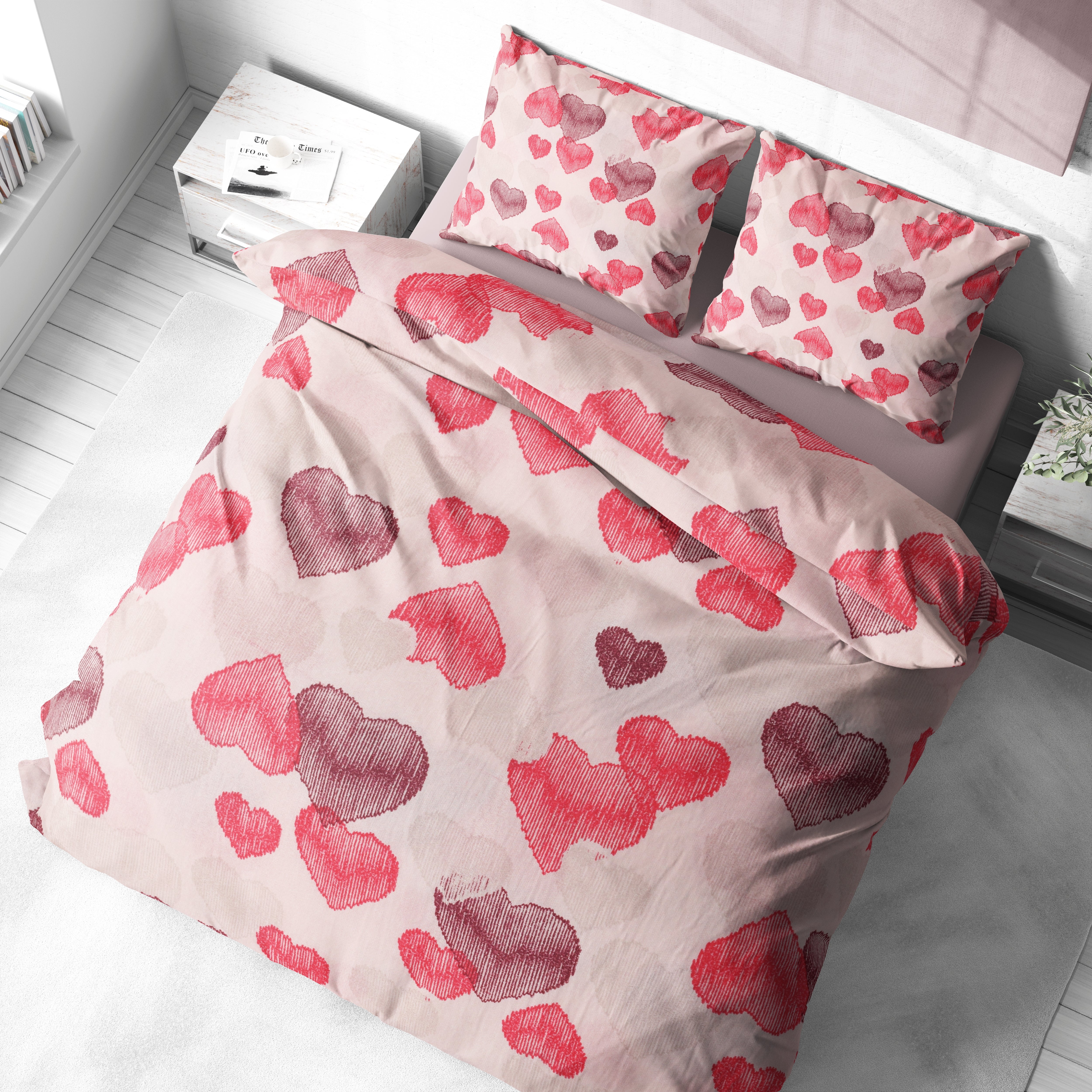 Pembe Kalp Desenli Pamuklu Nevresim Takımı | Lastikli Çarşaflı
