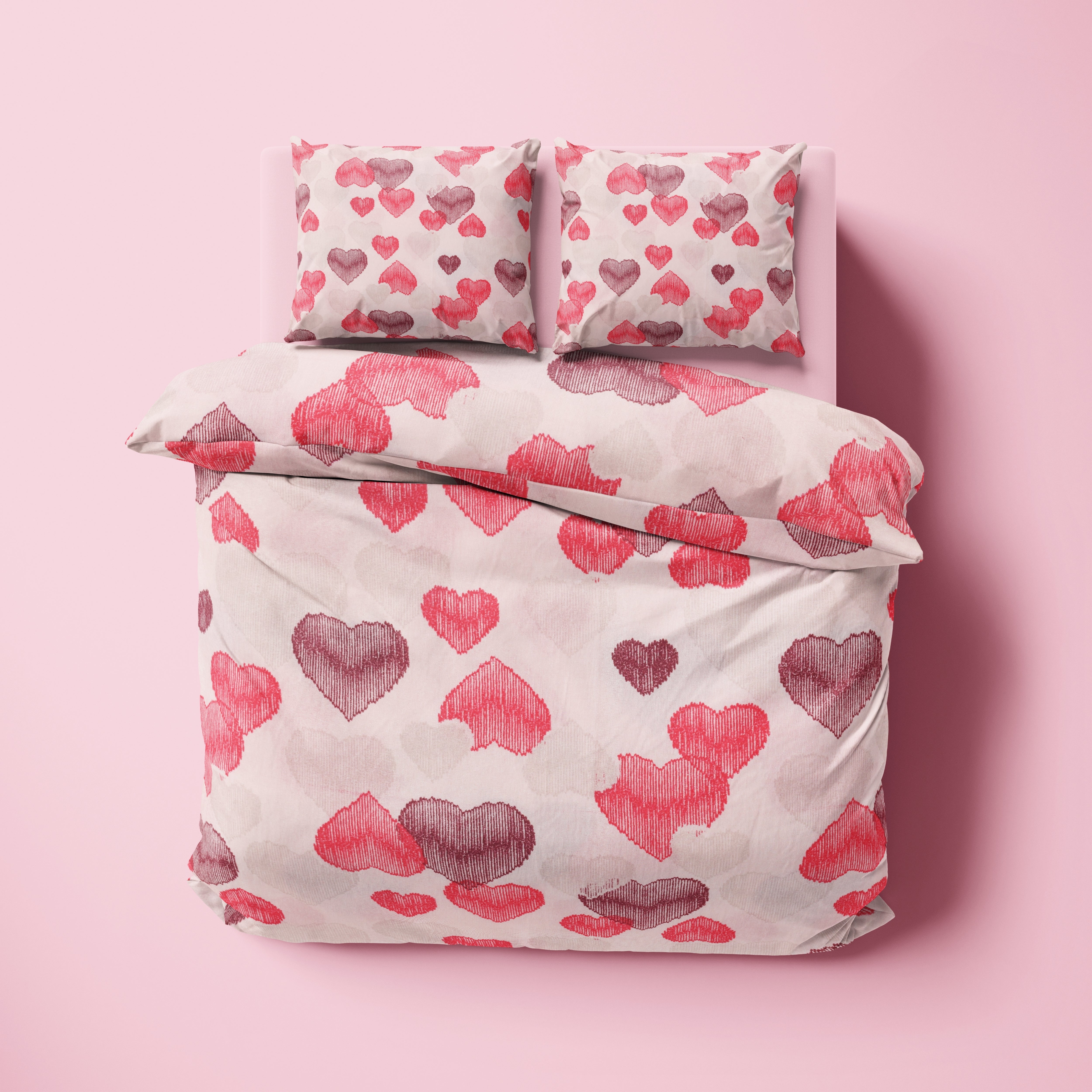 Pembe Kalp Desenli Pamuklu Nevresim Takımı | Lastikli Çarşaflı