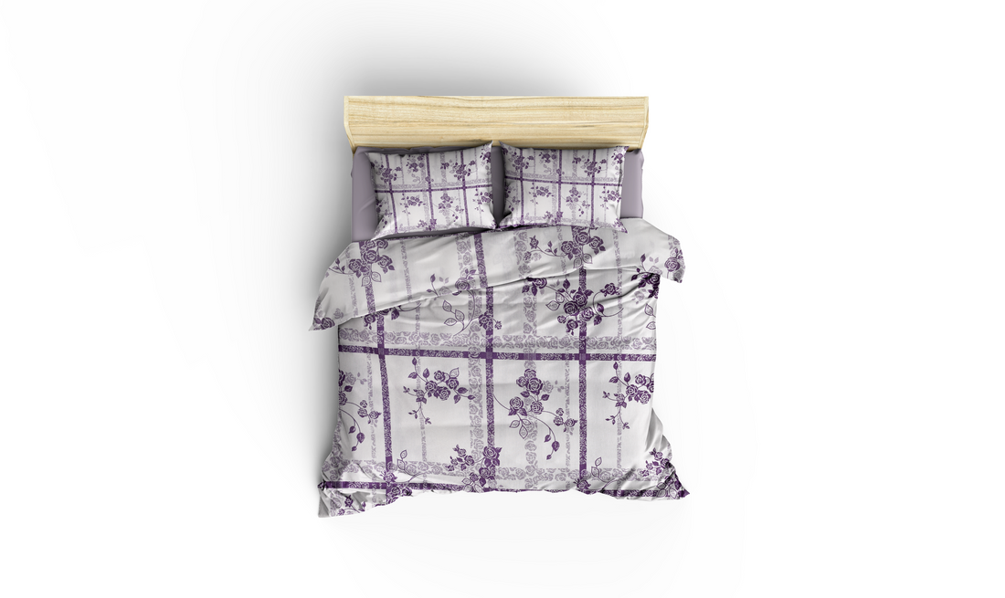 Lila Çiçek Desenli Pamuklu Nevresim Takımı | Lastikli Çarşaflı