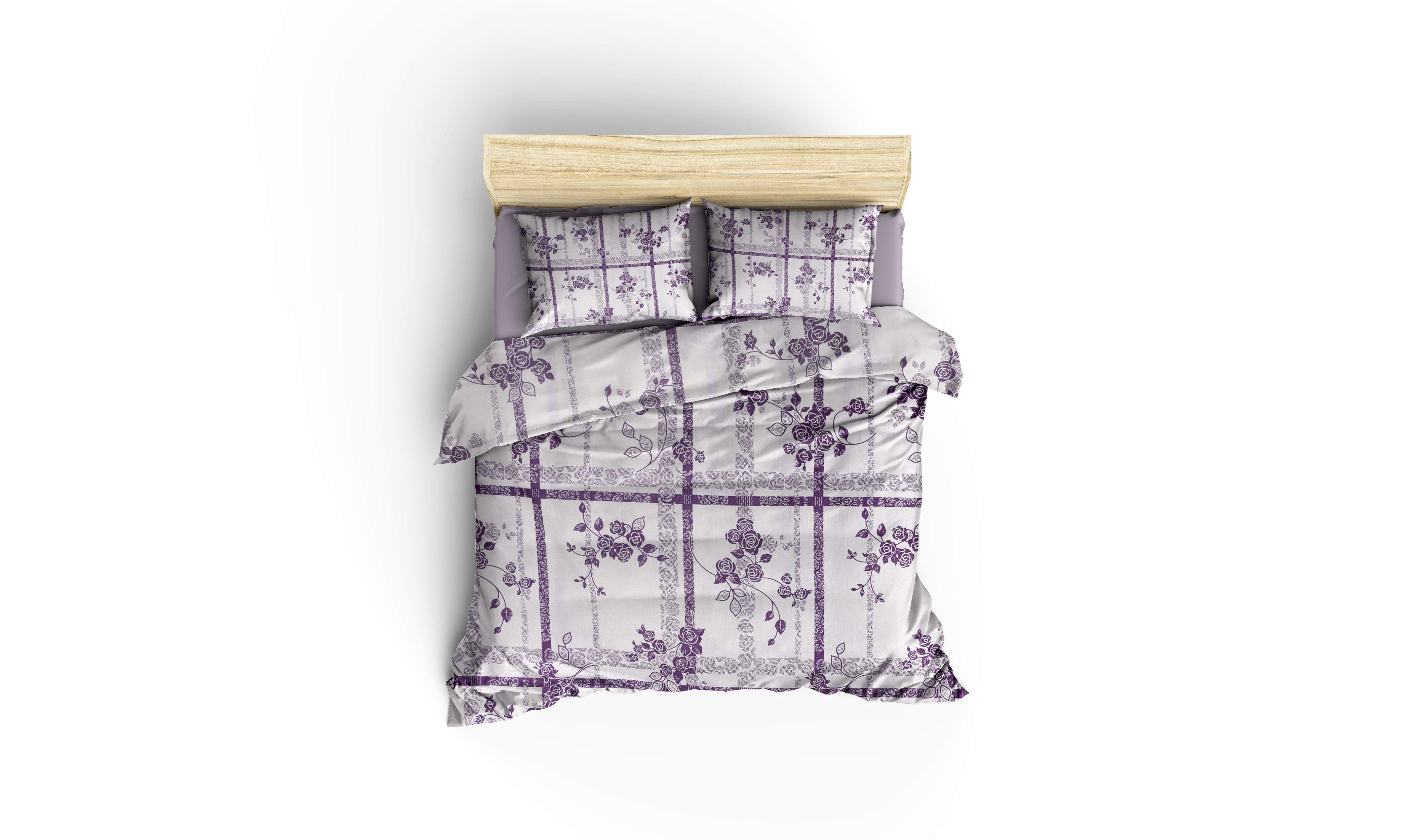 Lila Çiçek Desenli Pamuklu Nevresim Takımı | Lastikli Çarşaflı