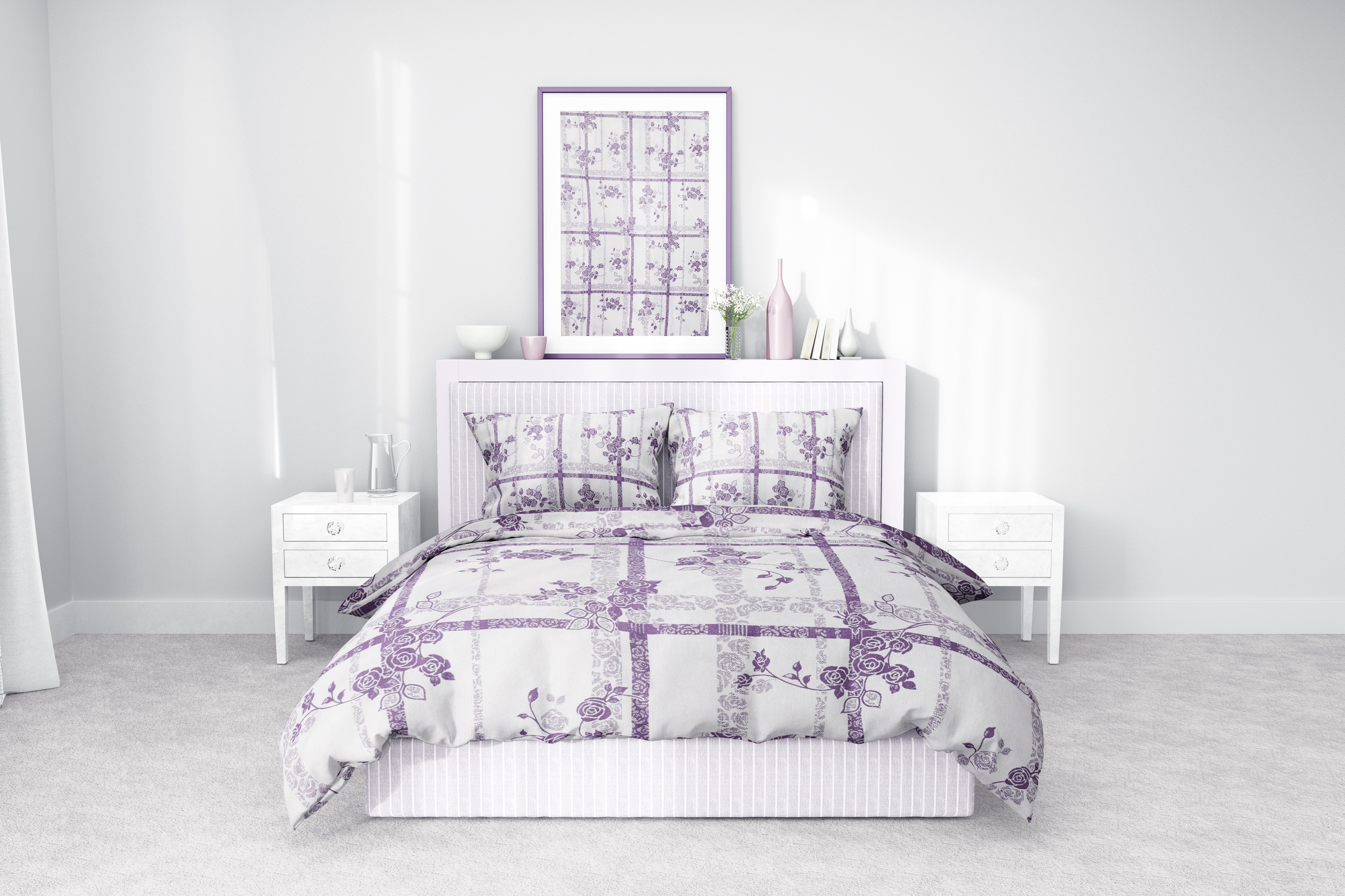 Lila Çiçek Desenli Pamuklu Nevresim Takımı | Lastikli Çarşaflı
