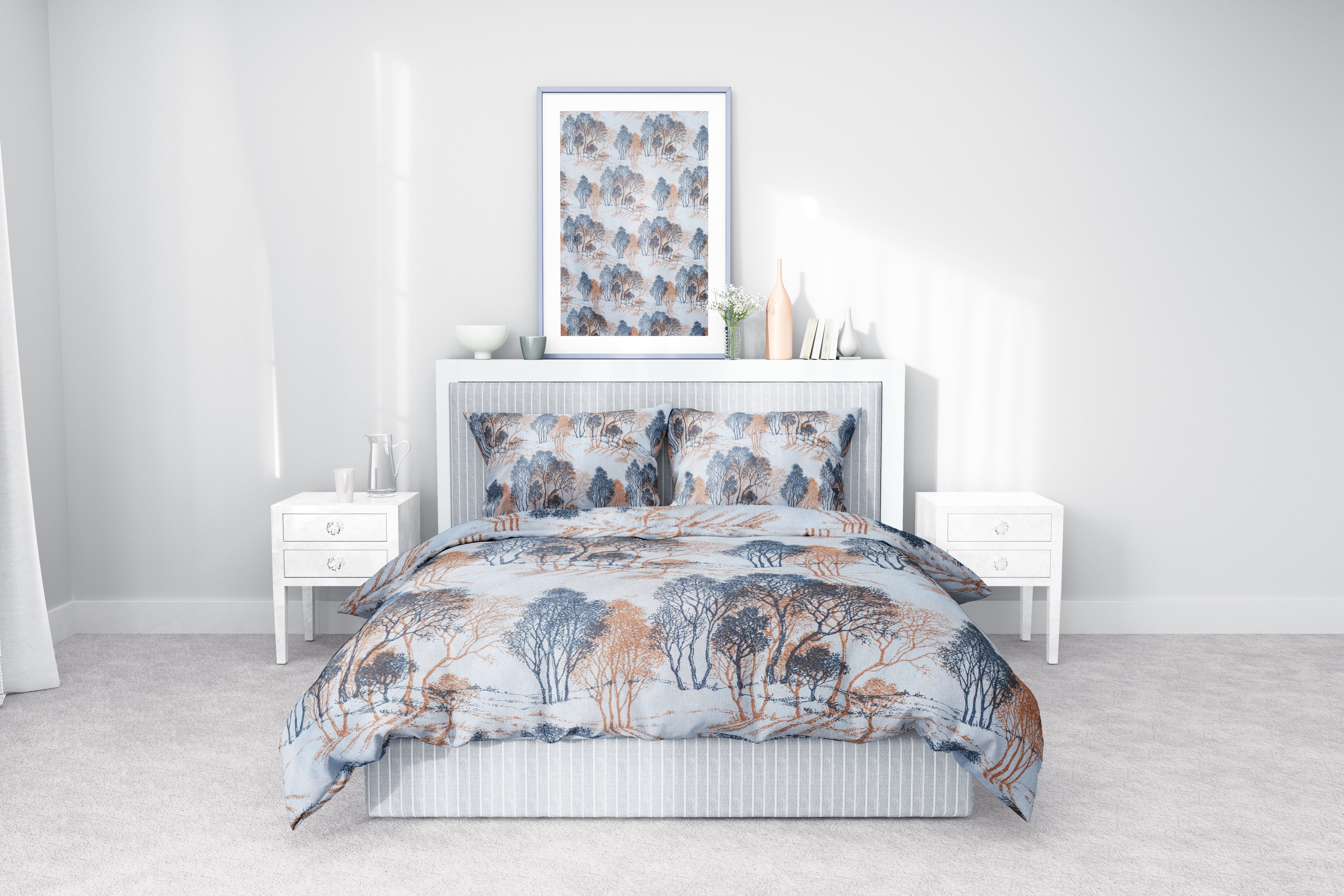 Mavi Ağaç Desenli Pamuklu Nevresim Takımı | Lastikli Çarşaflı