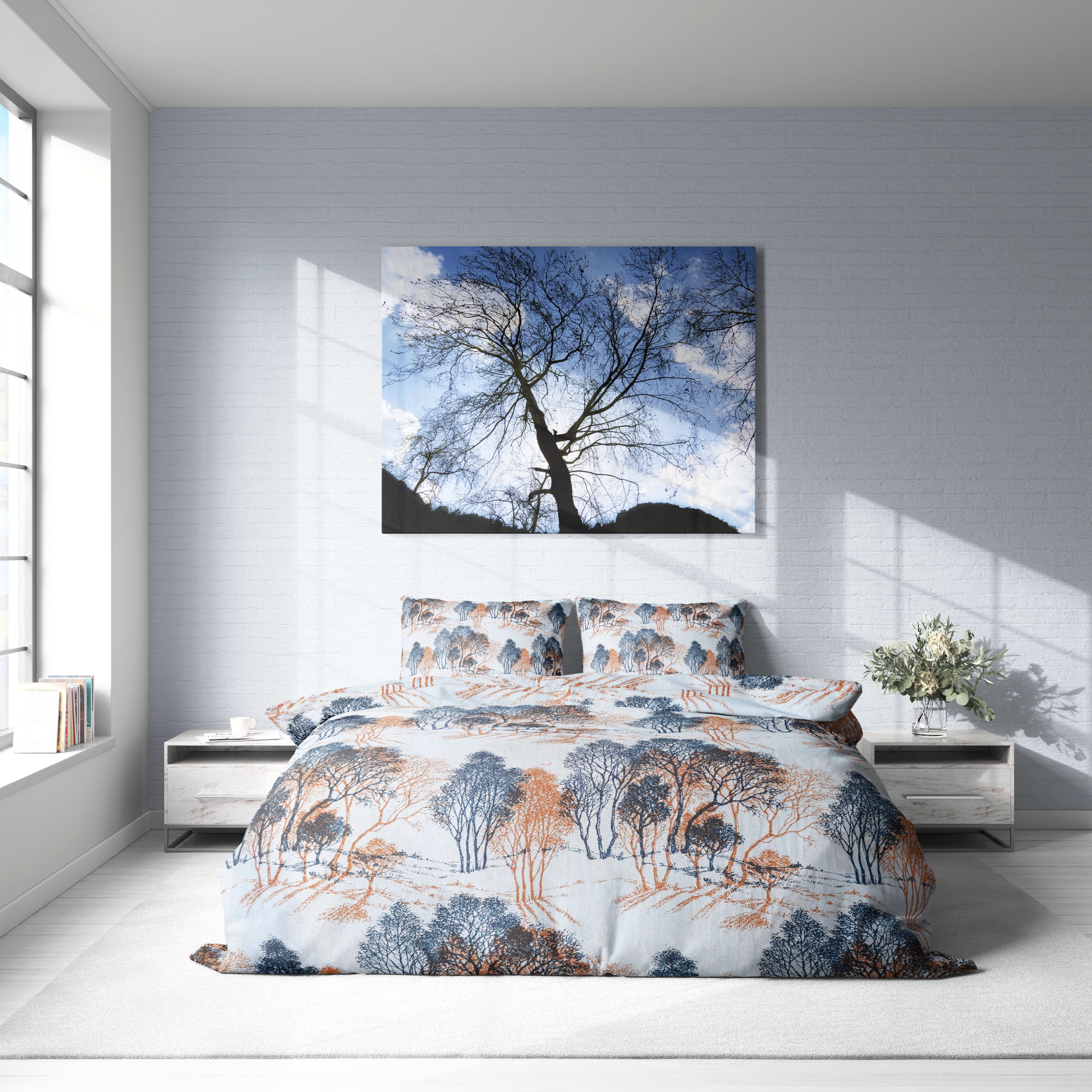 Mavi Ağaç Desenli Pamuklu Nevresim Takımı | Lastikli Çarşaflı