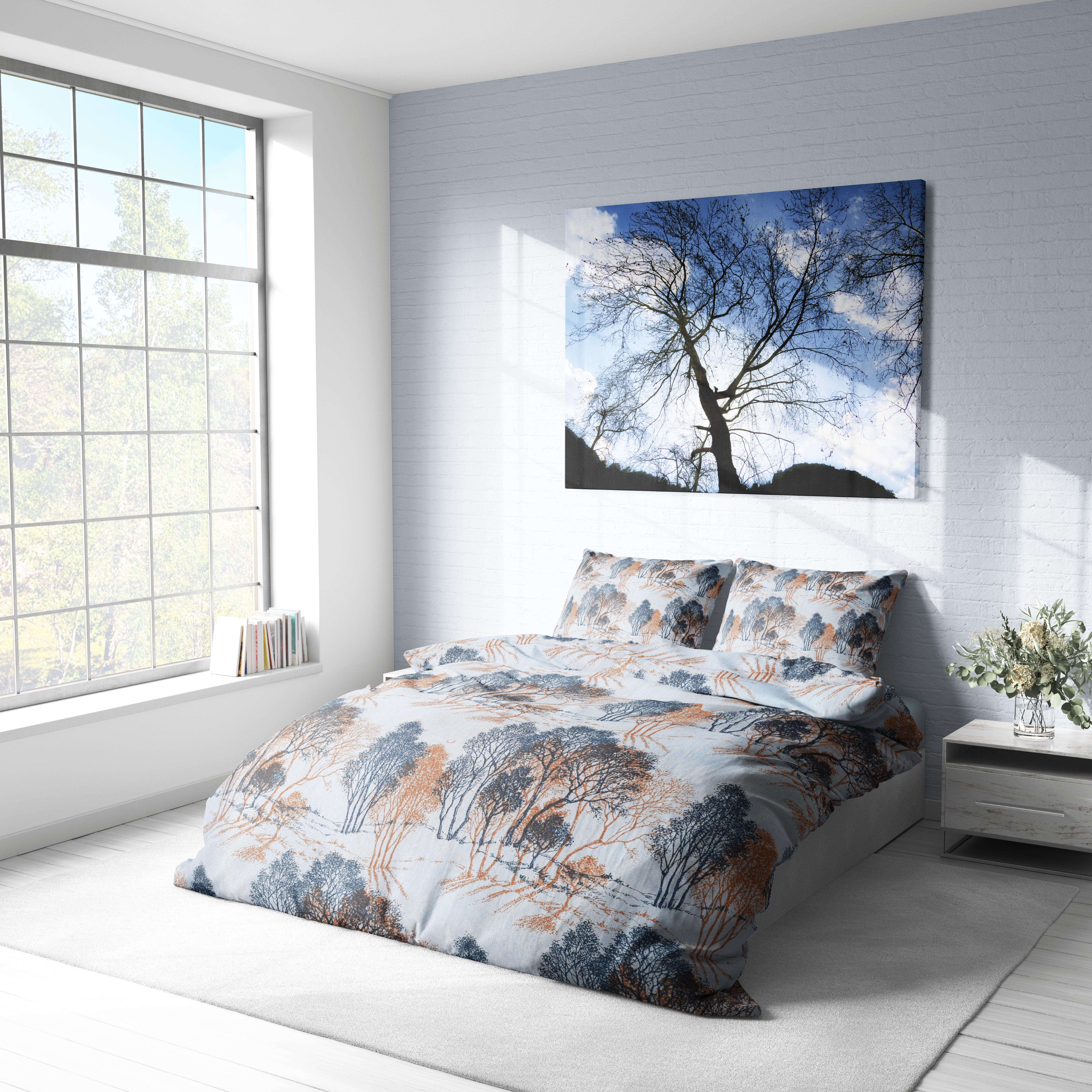 Mavi Ağaç Desenli Pamuklu Nevresim Takımı | Lastikli Çarşaflı