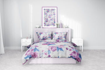 Mor Çiçek Desenli Pamuklu Nevresim Takımı | Lastikli Çarşaflı