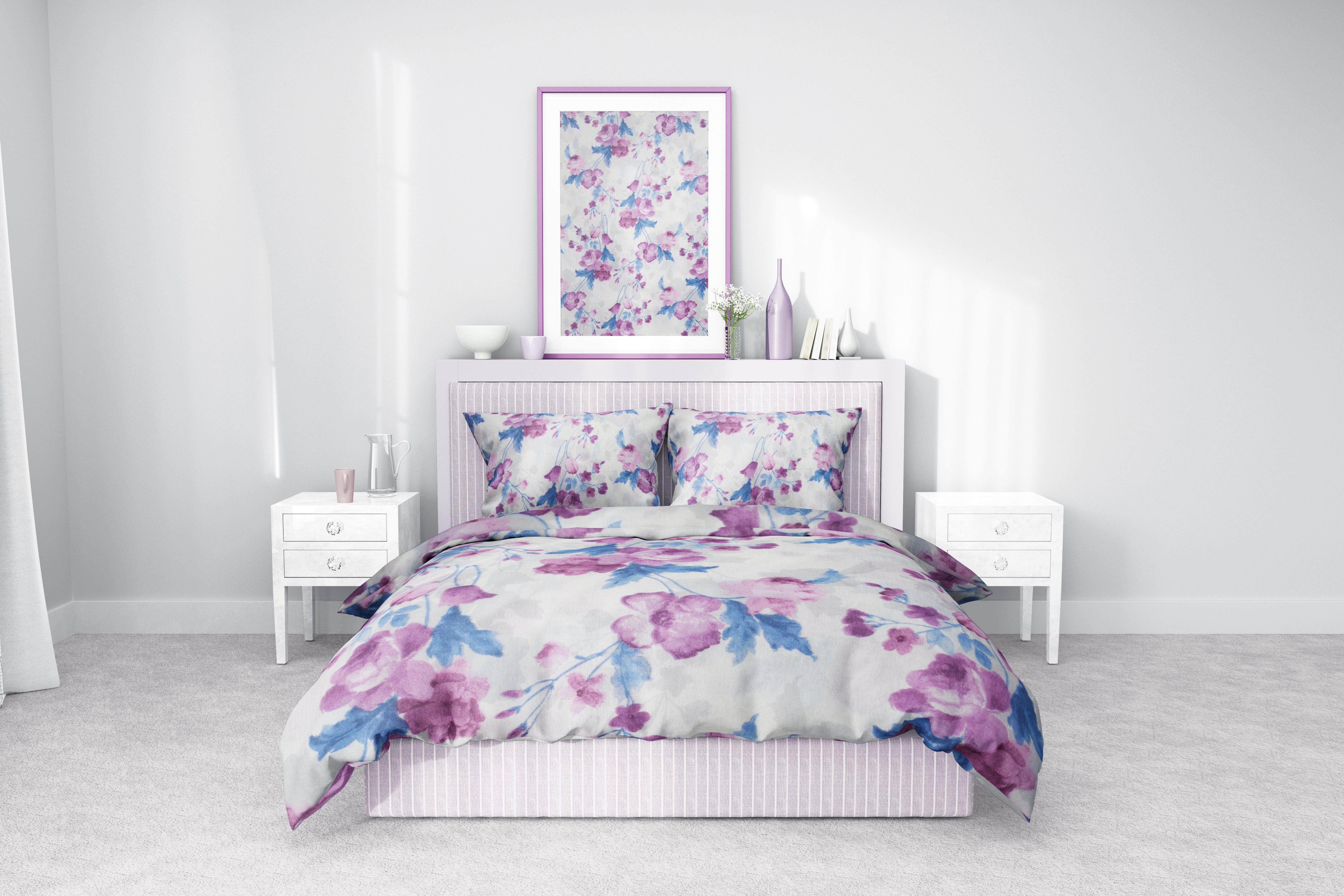 Mor Çiçek Desenli Pamuklu Nevresim Takımı | Lastikli Çarşaflı