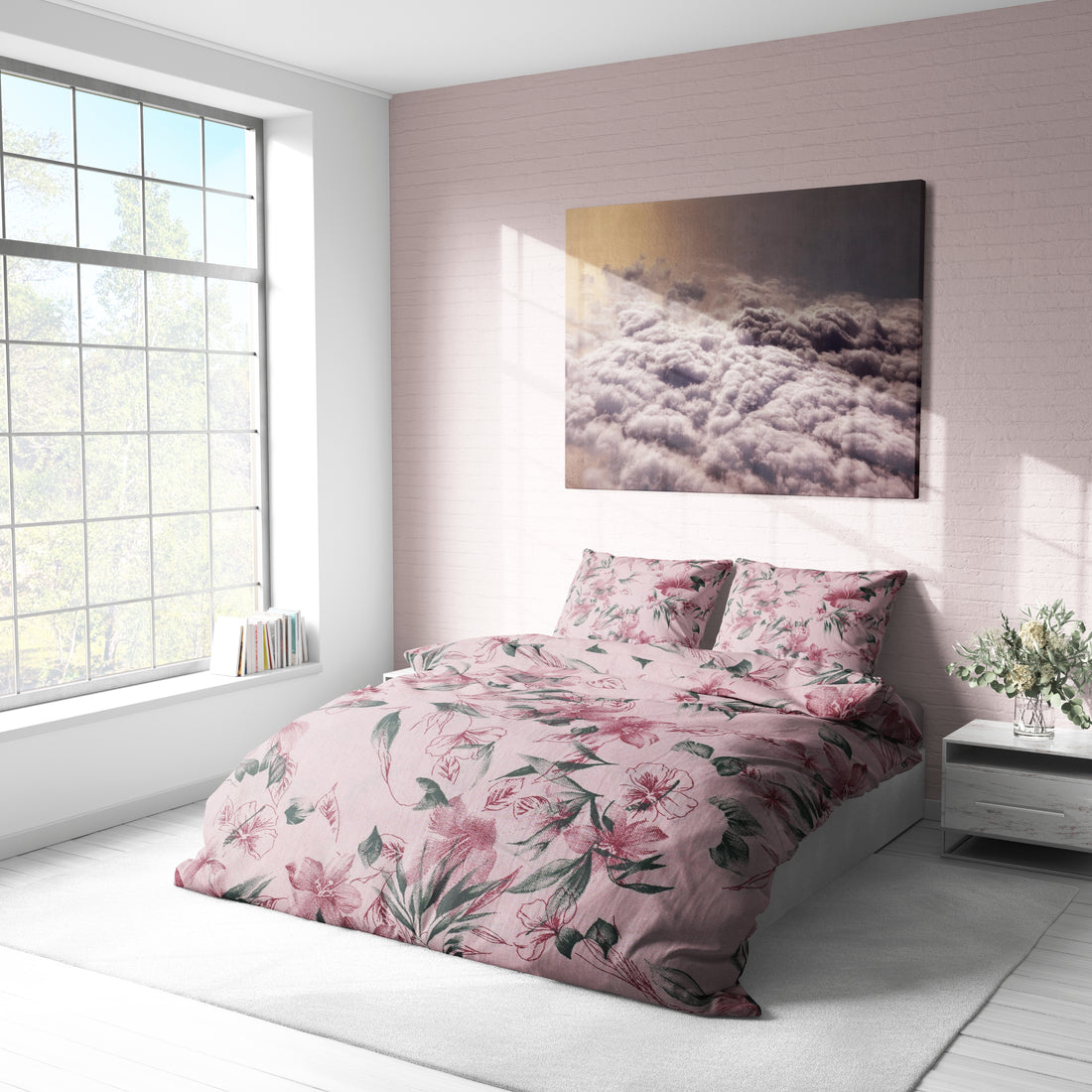 Pudra Pembe Çiçek Desenli Pamuklu Nevresim Takımı | Lastikli Çarşaflı