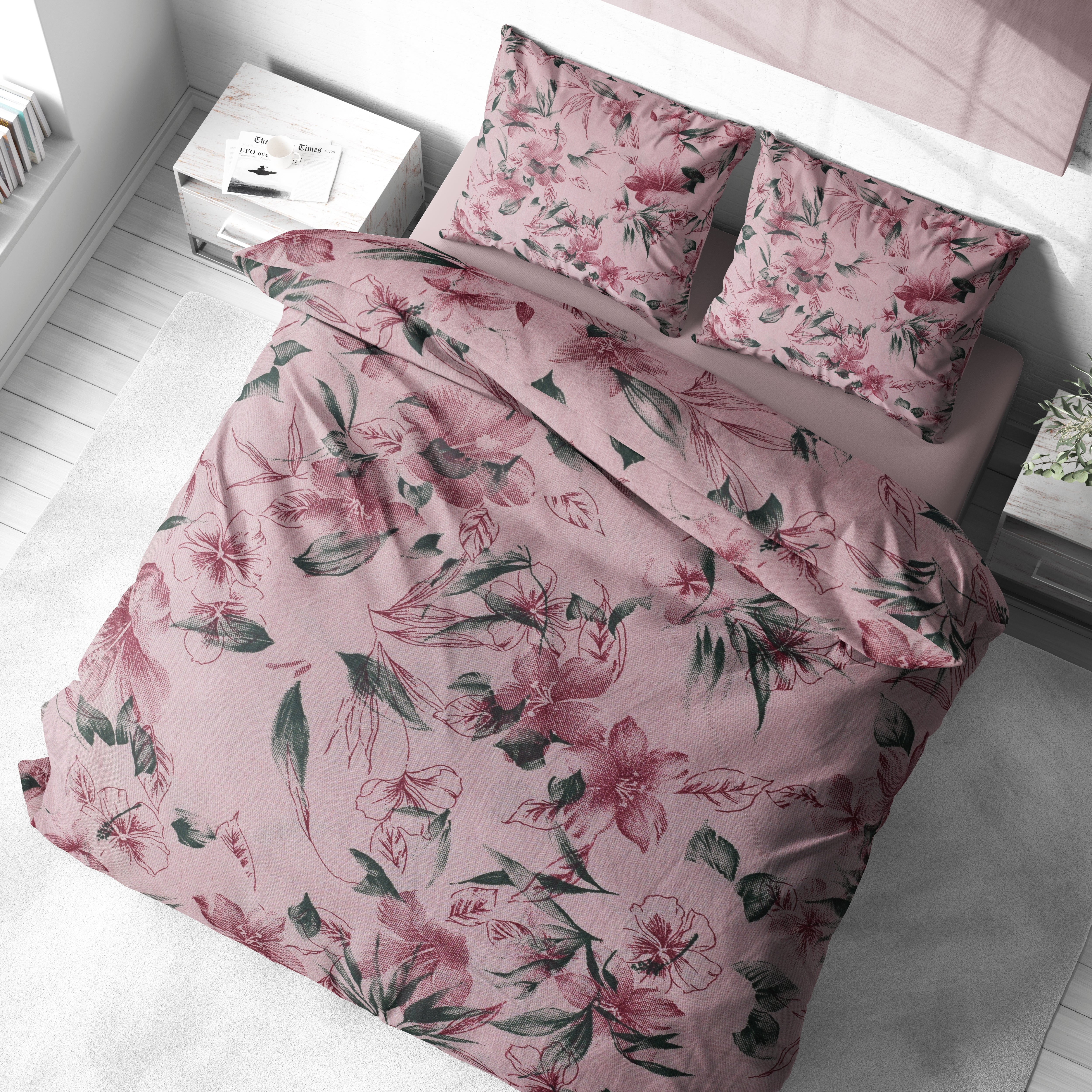 Pudra Pembe Çiçek Desenli Pamuklu Nevresim Takımı | Lastikli Çarşaflı